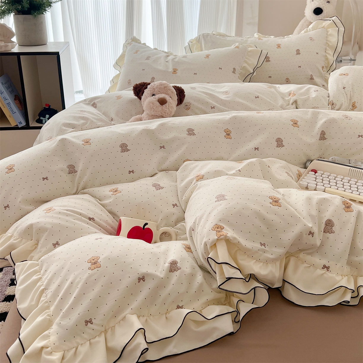 91家纺网 家纺一手货源 找家纺 吾欢心 2026春夏新款古法水洗仿棉韩版双层花边四件套 卡通小狗