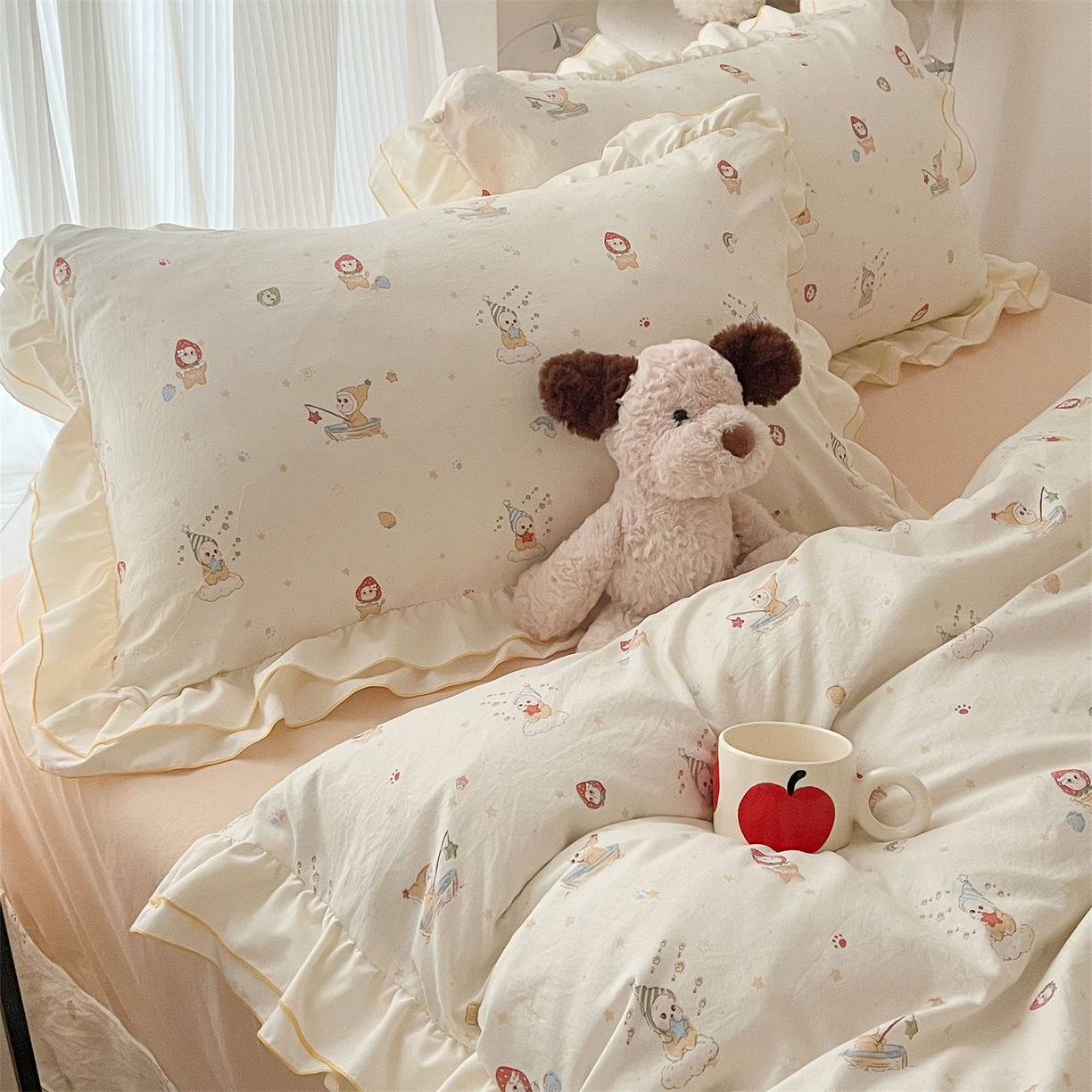 91家纺网 家纺一手货源 找家纺 吾欢心 2026春夏新款古法水洗仿棉韩版双层花边四件套 可爱星星人