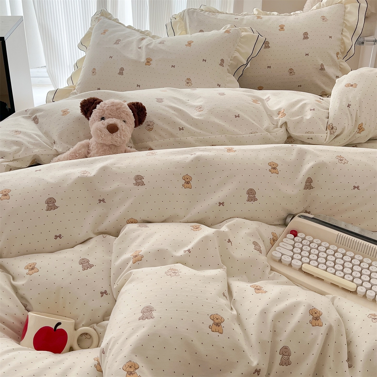 91家纺网 家纺一手货源 找家纺 吾欢心 2026春夏新款古法水洗仿棉韩版双层花边四件套 卡通小狗