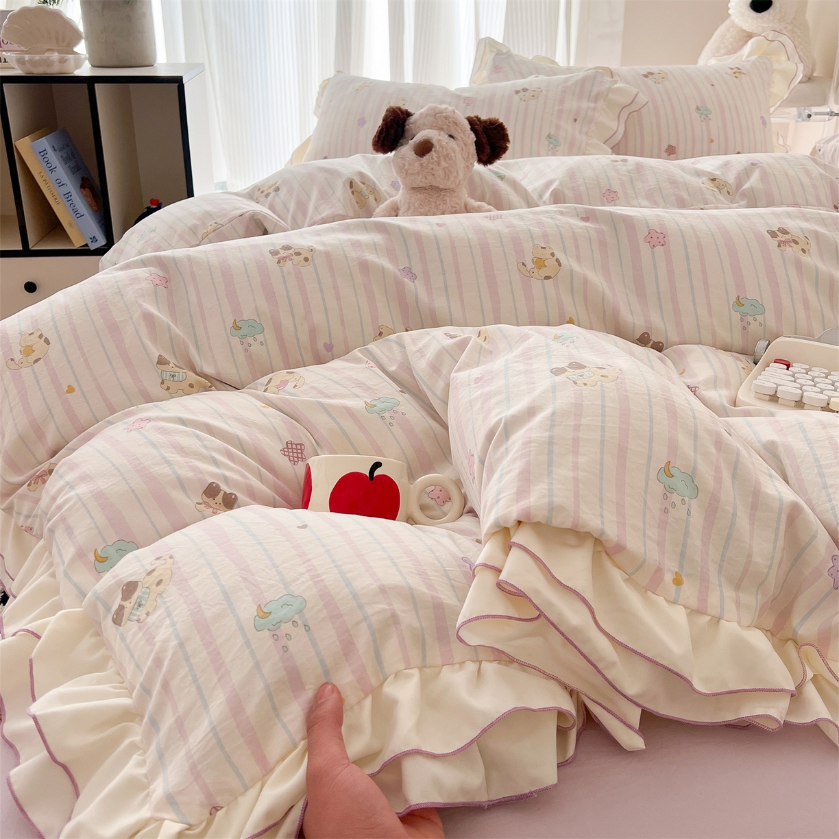 91家纺网 家纺一手货源 找家纺 吾欢心 2026春夏新款古法水洗仿棉韩版双层花边四件套 萌宠宝贝