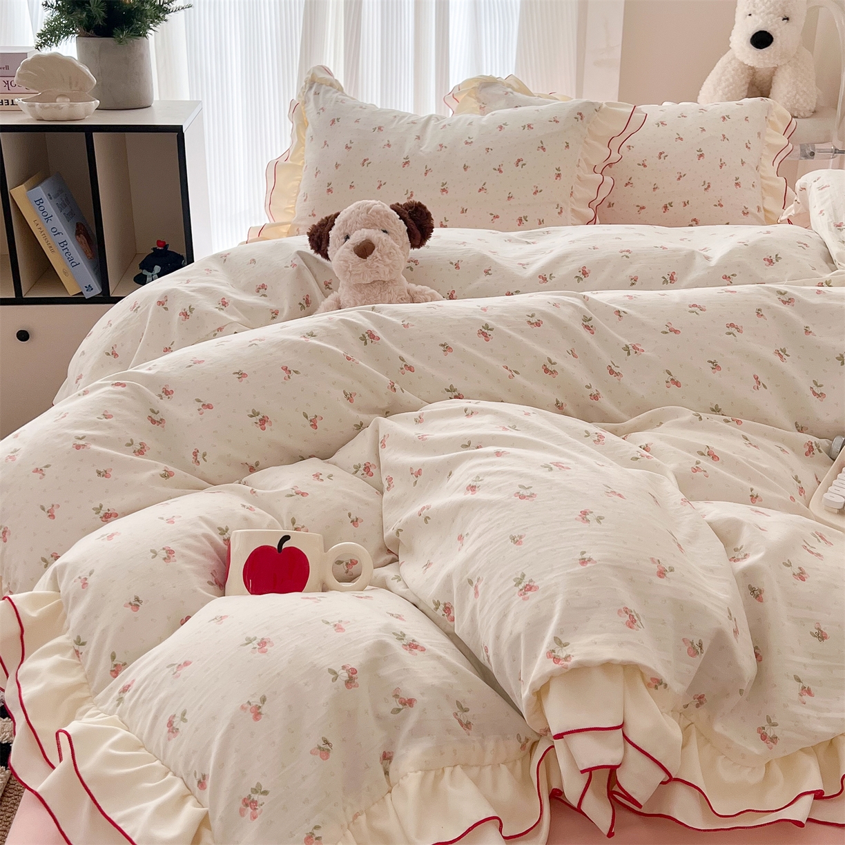 91家纺网 家纺一手货源 找家纺 吾欢心 2026春夏新款古法水洗仿棉韩版双层花边四件套 小草莓