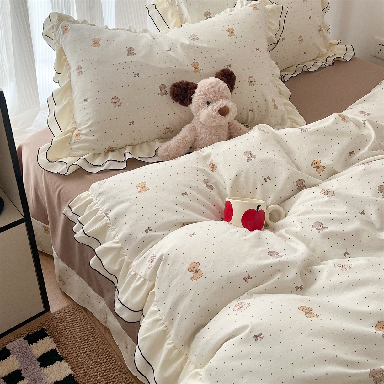 91家纺网 家纺一手货源 找家纺 吾欢心 2026春夏新款古法水洗仿棉韩版双层花边四件套 卡通小狗