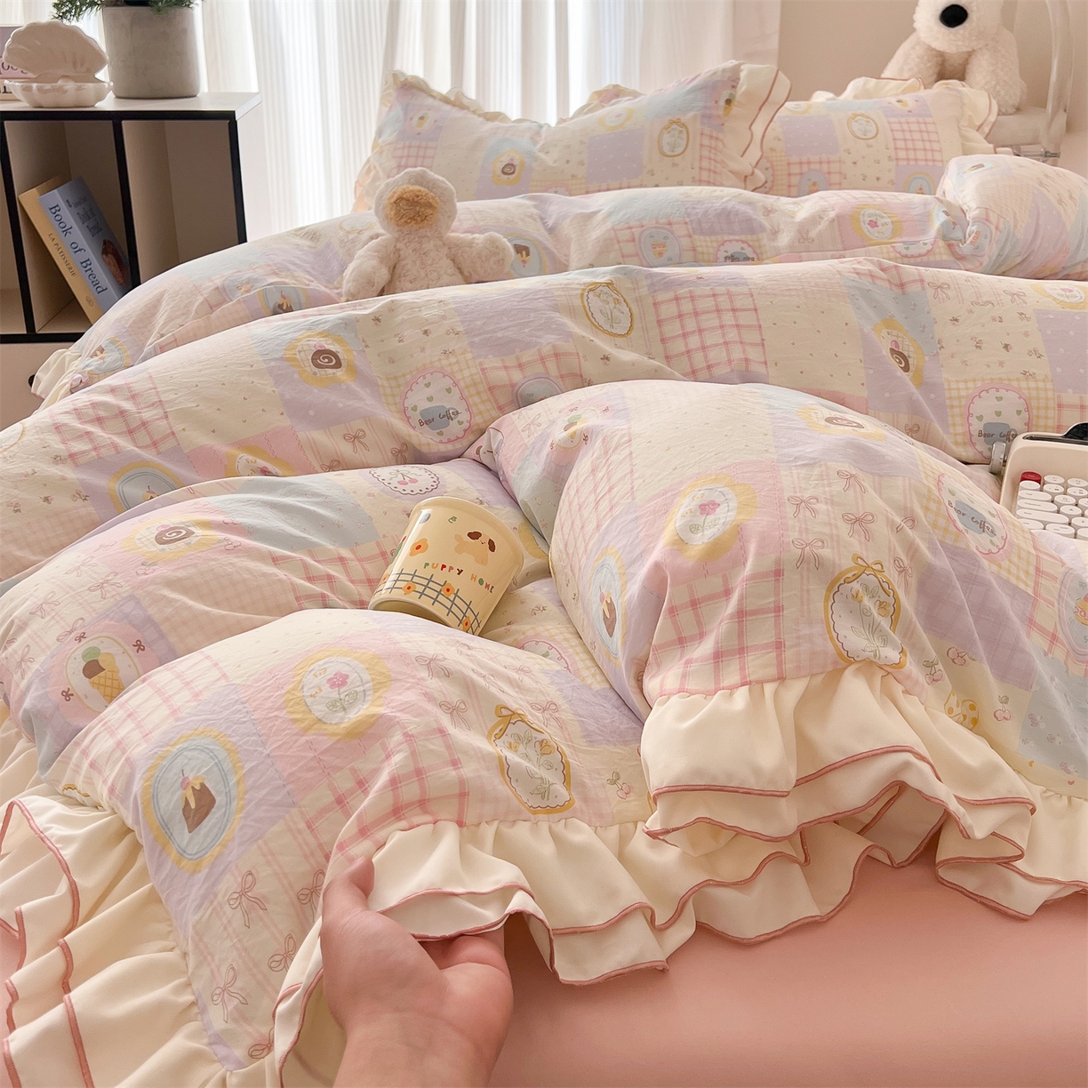 91家纺网 家纺一手货源 找家纺 吾欢心 2026春夏新款古法水洗仿棉韩版双层花边四件套 田园趣味