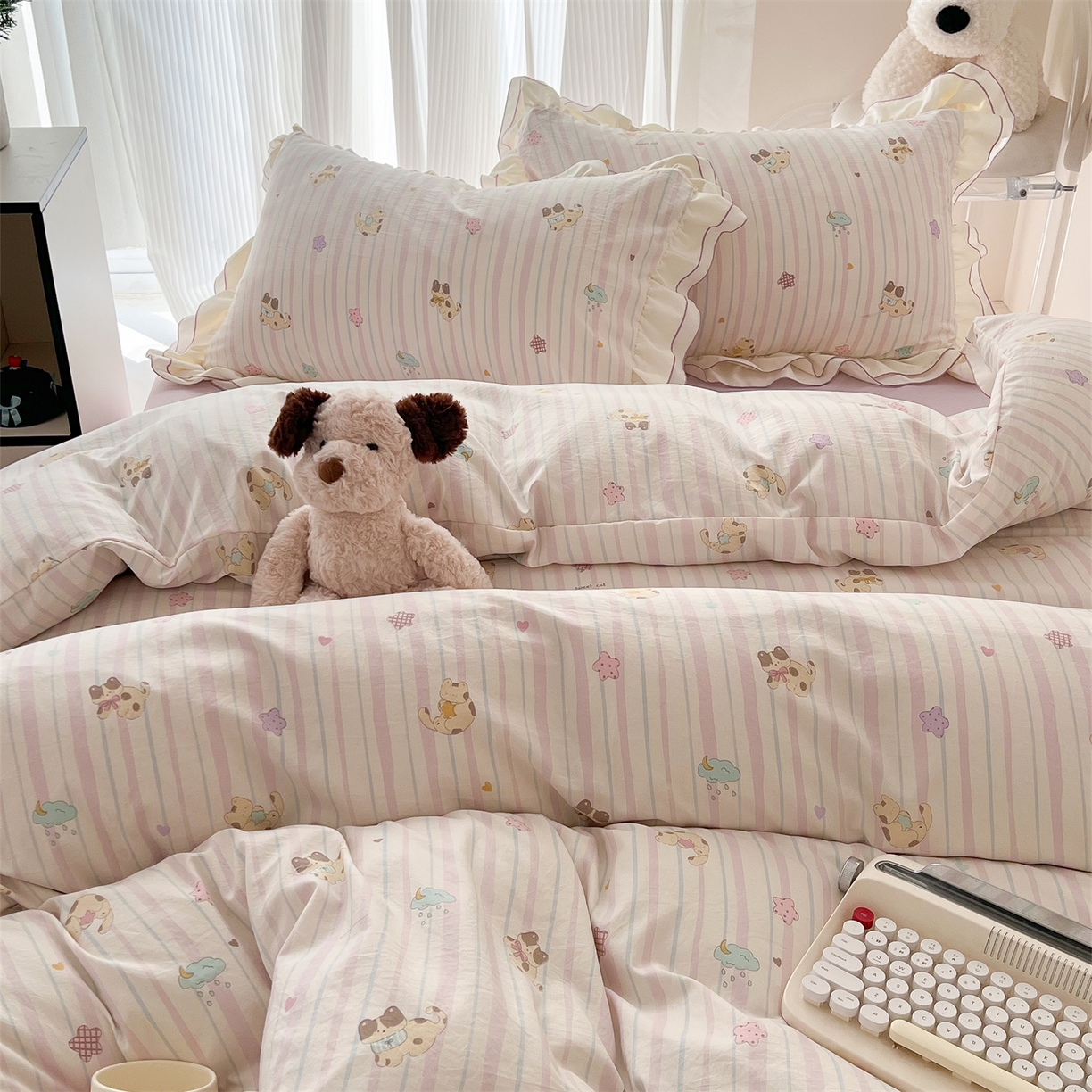 91家纺网 家纺一手货源 找家纺 吾欢心 2026春夏新款古法水洗仿棉韩版双层花边四件套 萌宠宝贝