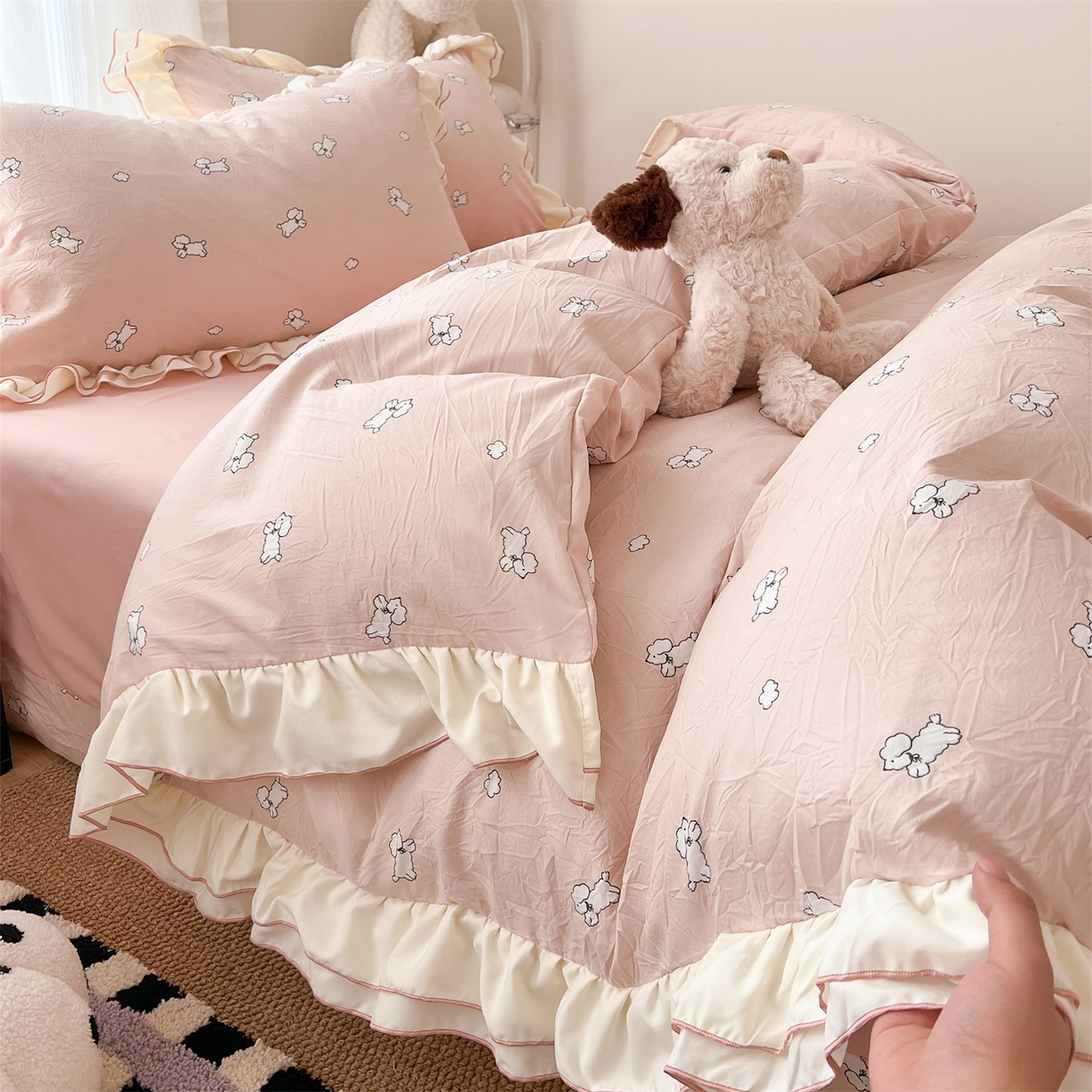 吾欢心 2026春夏新款古法水洗仿棉韩版双层花边四件套 奶萌小狗