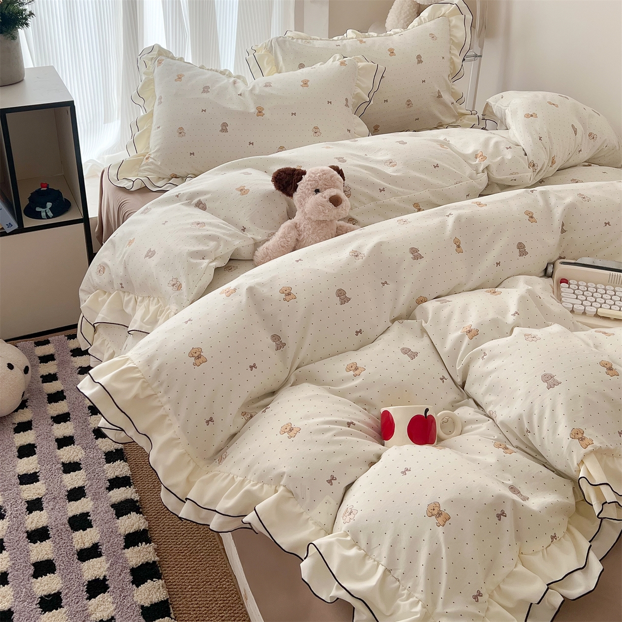 91家纺网 家纺一手货源 找家纺 吾欢心 2026春夏新款古法水洗仿棉韩版双层花边四件套 卡通小狗