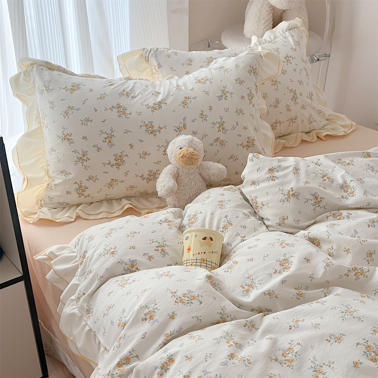 91家纺网 家纺一手货源 找家纺 吾欢心 2026春夏新款古法水洗仿棉韩版双层花边四件套 秘境花园