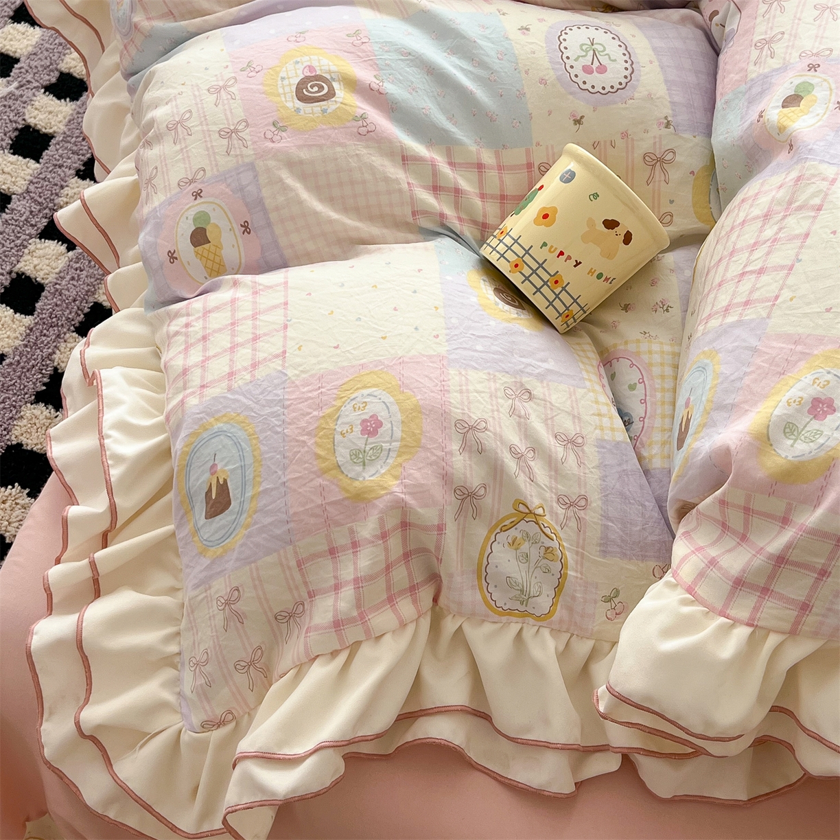 91家纺网 家纺一手货源 找家纺 吾欢心 2026春夏新款古法水洗仿棉韩版双层花边四件套 田园趣味