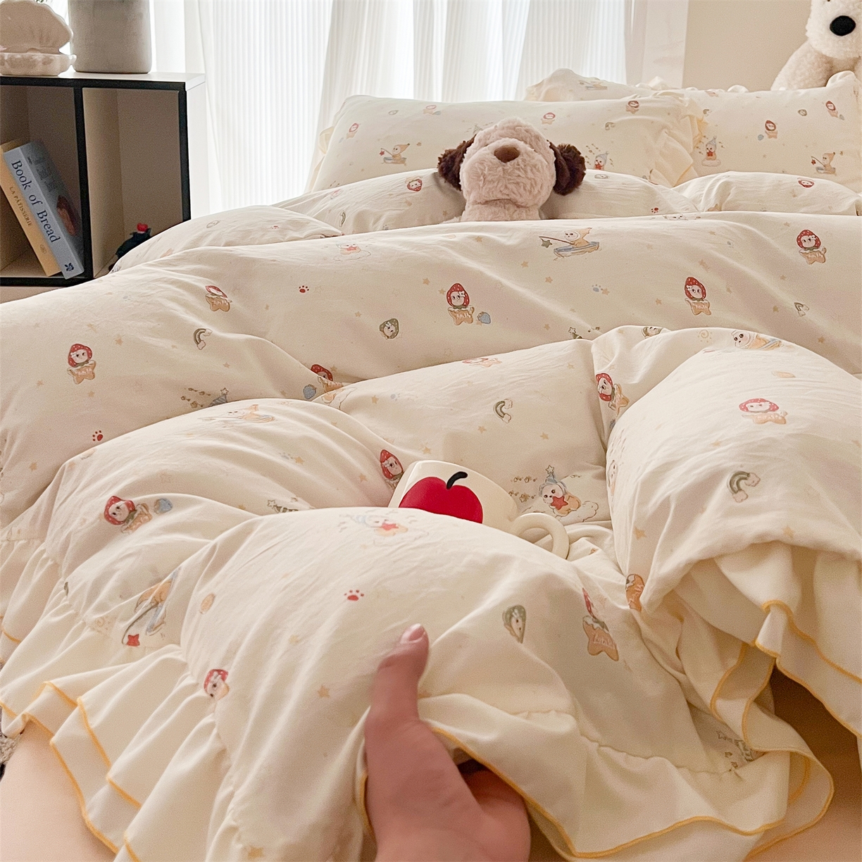 91家纺网 家纺一手货源 找家纺 吾欢心 2026春夏新款古法水洗仿棉韩版双层花边四件套 可爱星星人