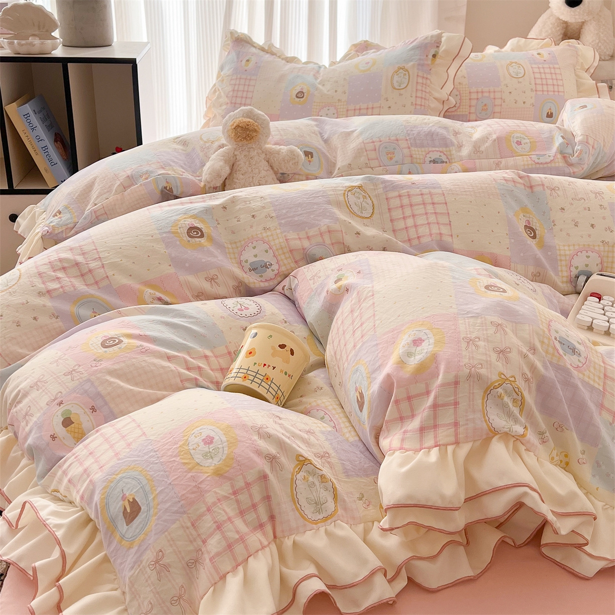 91家纺网 家纺一手货源 找家纺 吾欢心 2026春夏新款古法水洗仿棉韩版双层花边四件套 田园趣味