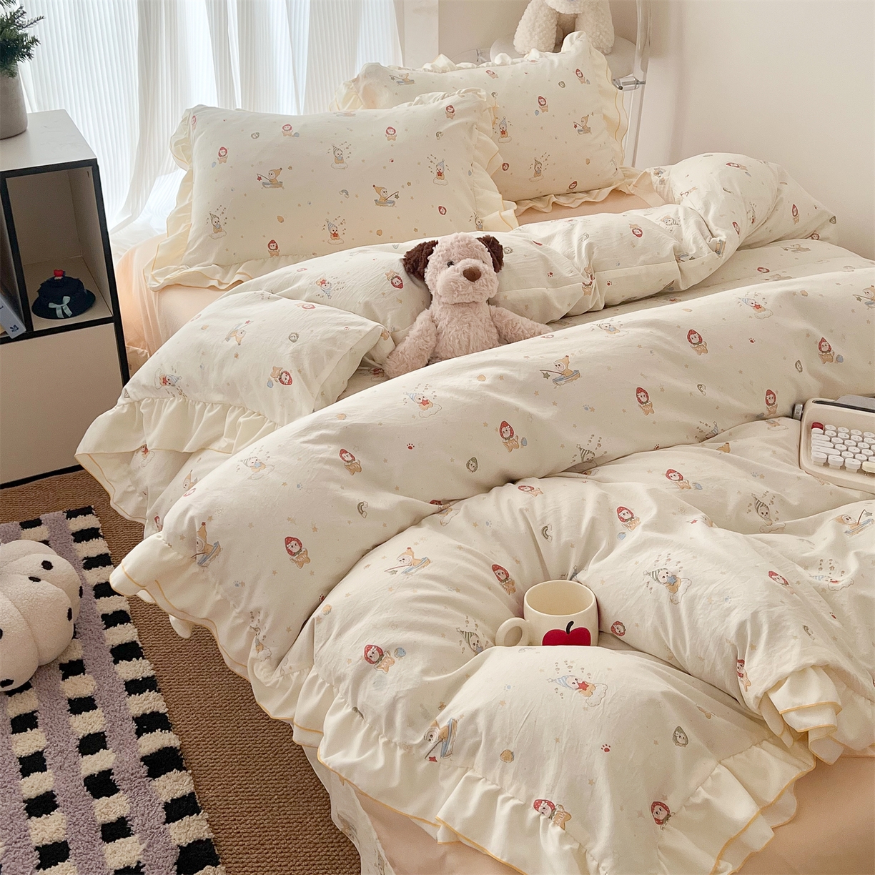 91家纺网 家纺一手货源 找家纺 吾欢心 2026春夏新款古法水洗仿棉韩版双层花边四件套 可爱星星人