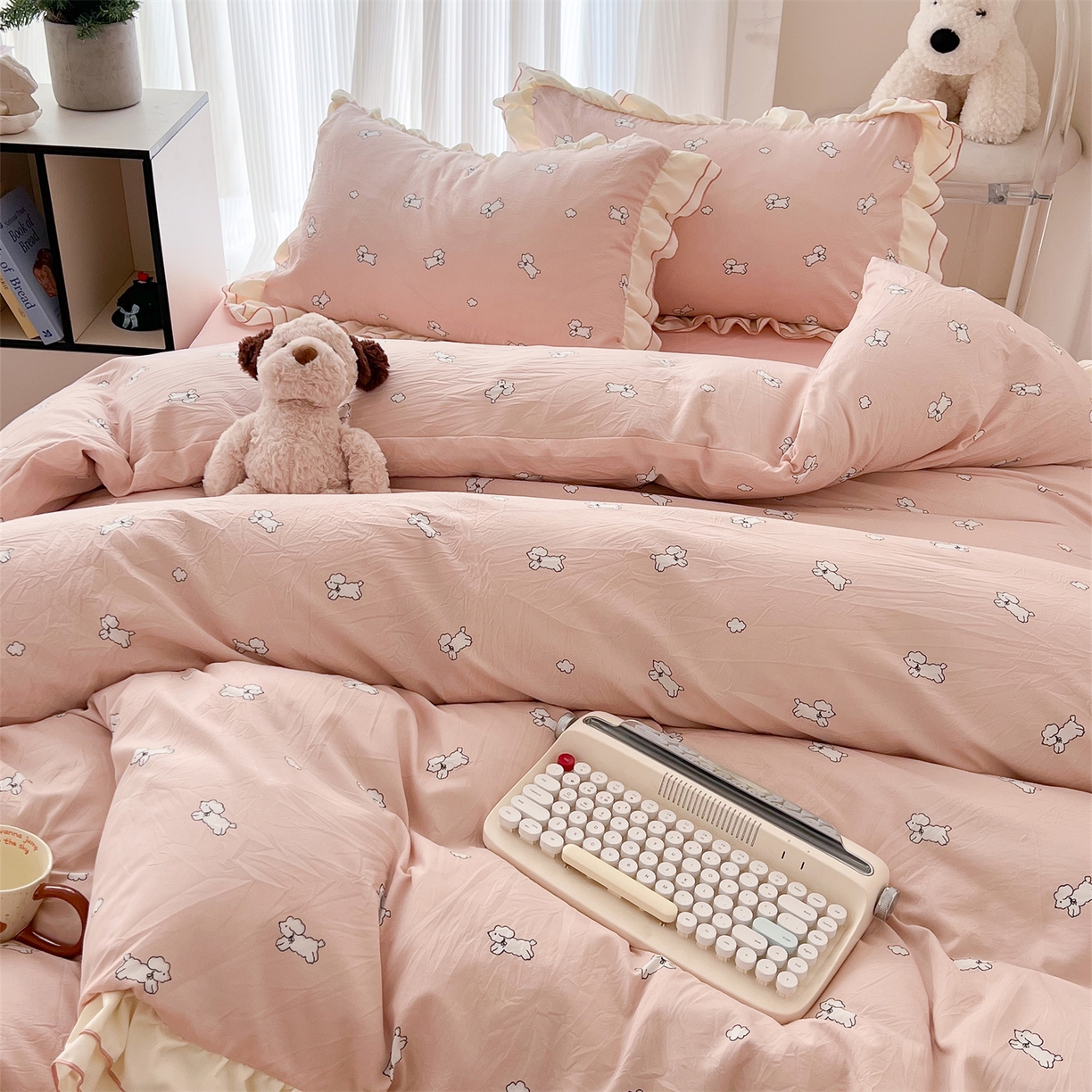 91家纺网 家纺一手货源 找家纺 吾欢心 2026春夏新款古法水洗仿棉韩版双层花边四件套 奶萌小狗