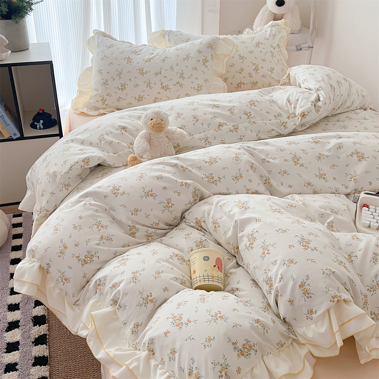 91家纺网 家纺一手货源 找家纺 吾欢心 2026春夏新款古法水洗仿棉韩版双层花边四件套 秘境花园