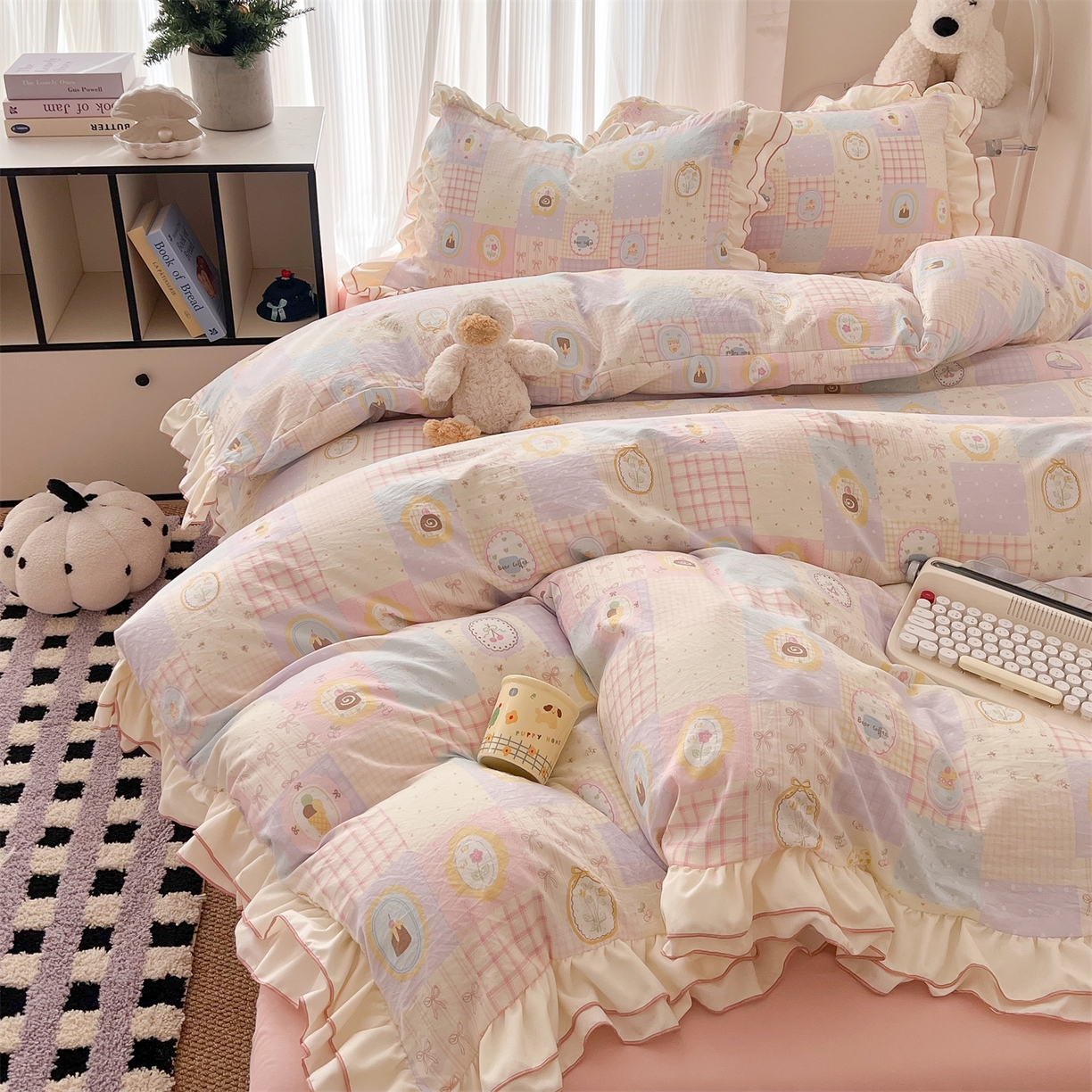 91家纺网 家纺一手货源 找家纺 吾欢心 2026春夏新款古法水洗仿棉韩版双层花边四件套 田园趣味