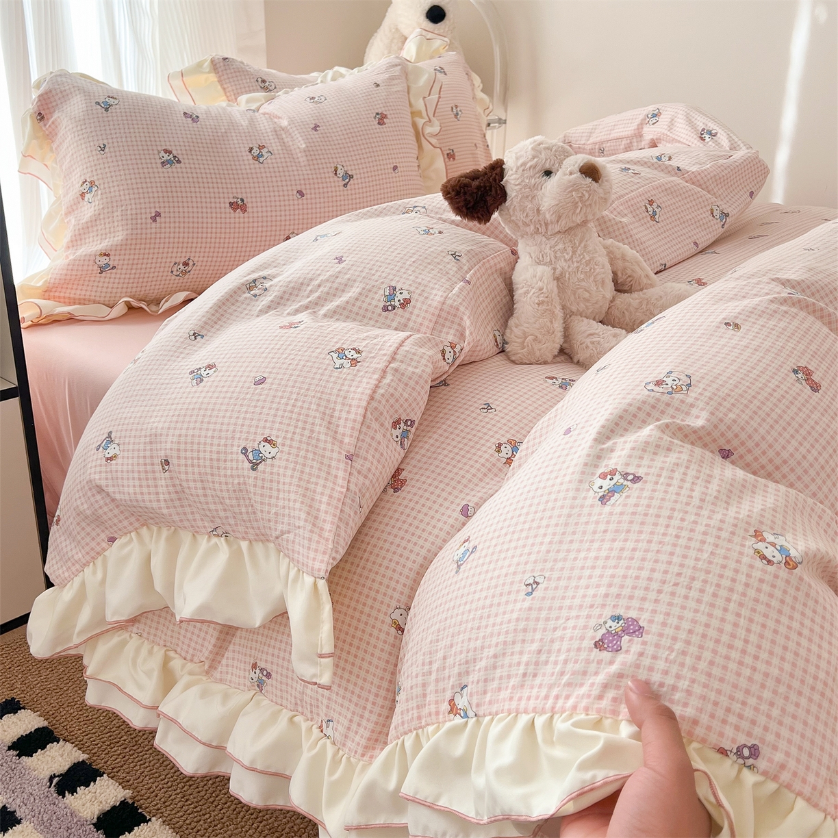 吾欢心 2026春夏新款古法水洗仿棉韩版双层花边四件套 KT猫