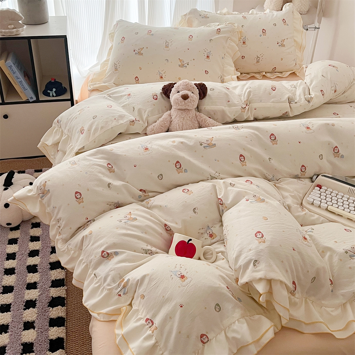 91家纺网 家纺一手货源 找家纺 吾欢心 2026春夏新款古法水洗仿棉韩版双层花边四件套 可爱星星人