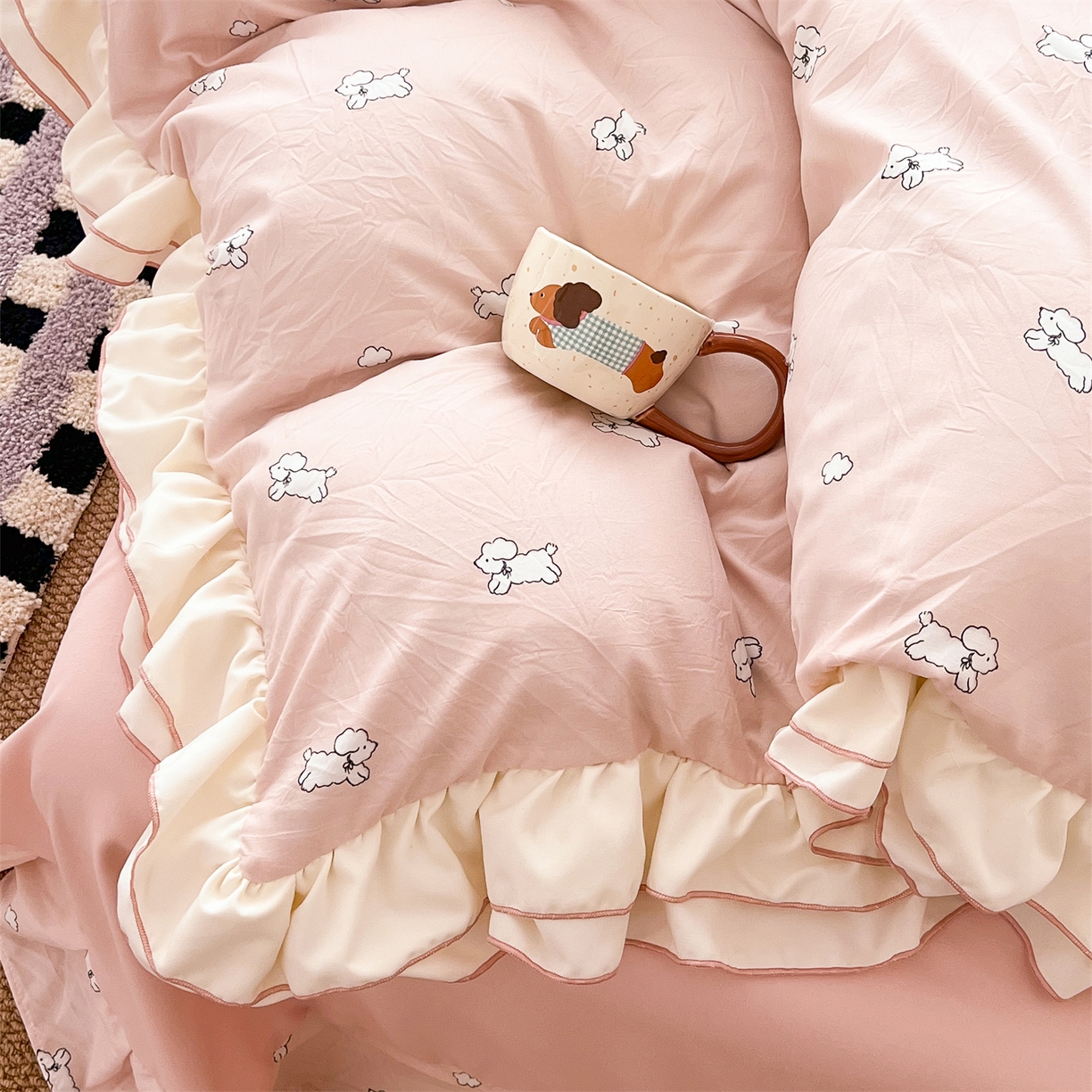 91家纺网 家纺一手货源 找家纺 吾欢心 2026春夏新款古法水洗仿棉韩版双层花边四件套 奶萌小狗