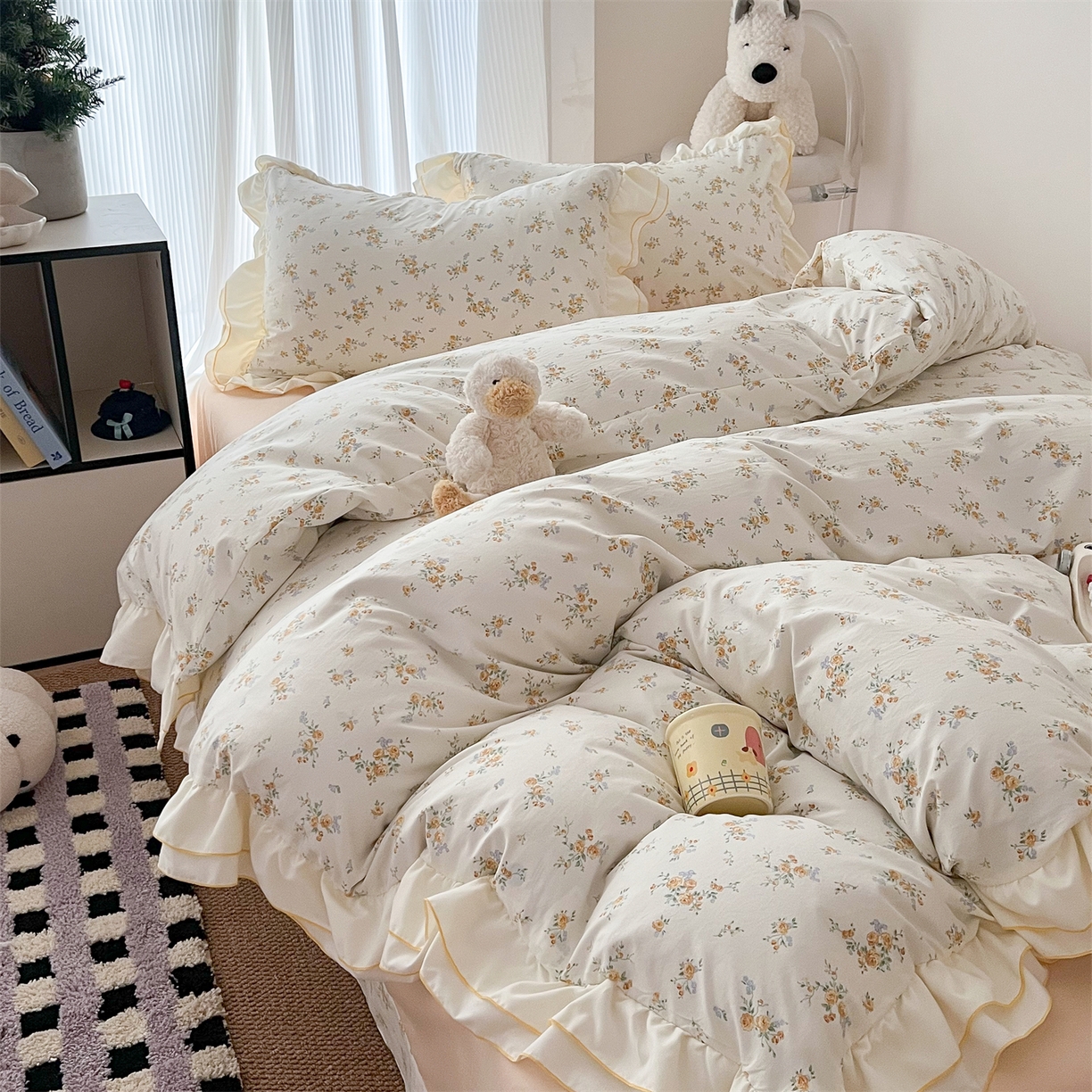 91家纺网 家纺一手货源 找家纺 吾欢心 2026春夏新款古法水洗仿棉韩版双层花边四件套 秘境花园