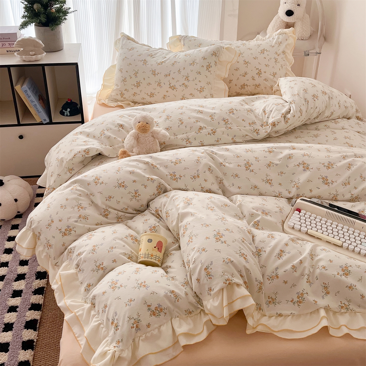 91家纺网 家纺一手货源 找家纺 吾欢心 2026春夏新款古法水洗仿棉韩版双层花边四件套 秘境花园