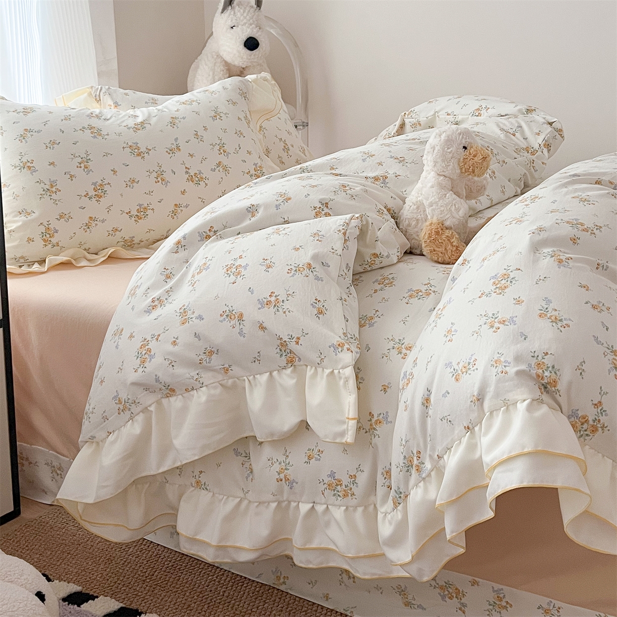 91家纺网 家纺一手货源 找家纺 吾欢心 2026春夏新款古法水洗仿棉韩版双层花边四件套 秘境花园