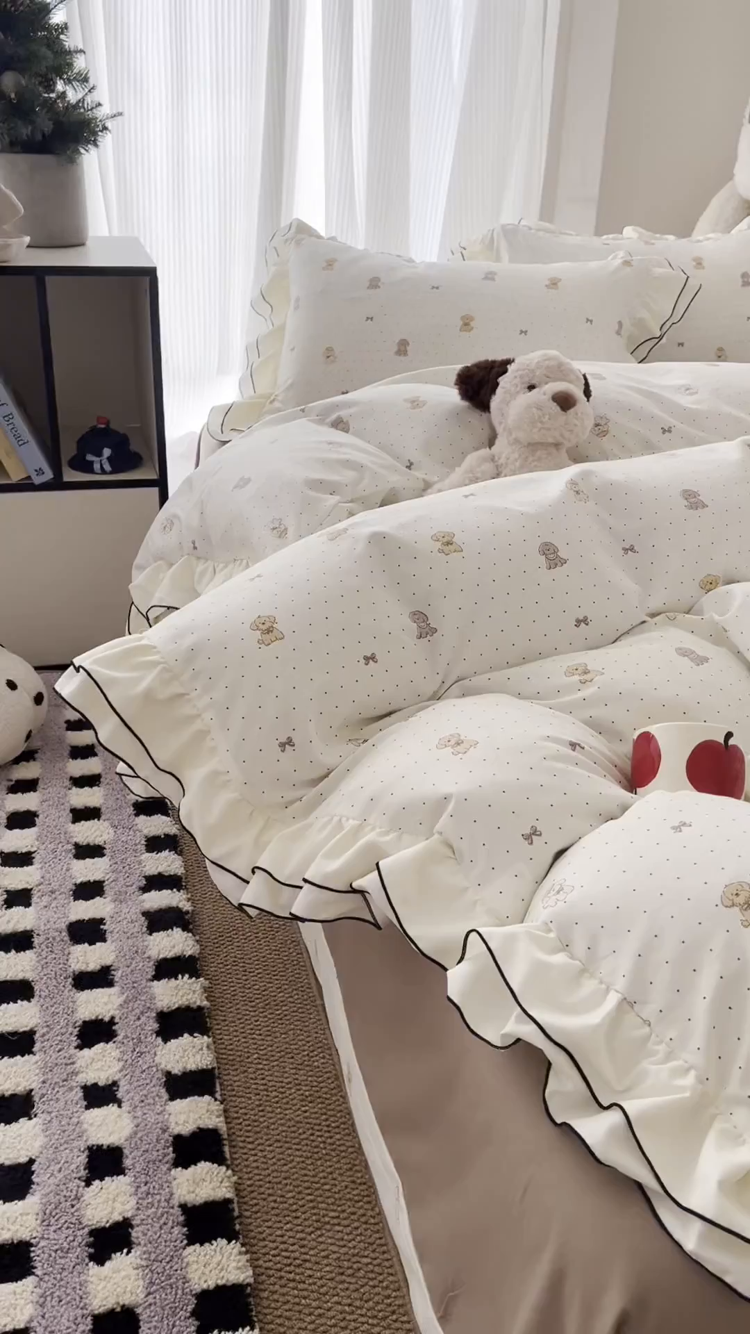 91家纺网 家纺一手货源 找家纺 吾欢心 2026春夏新款古法水洗仿棉韩版双层花边四件套 卡通小狗