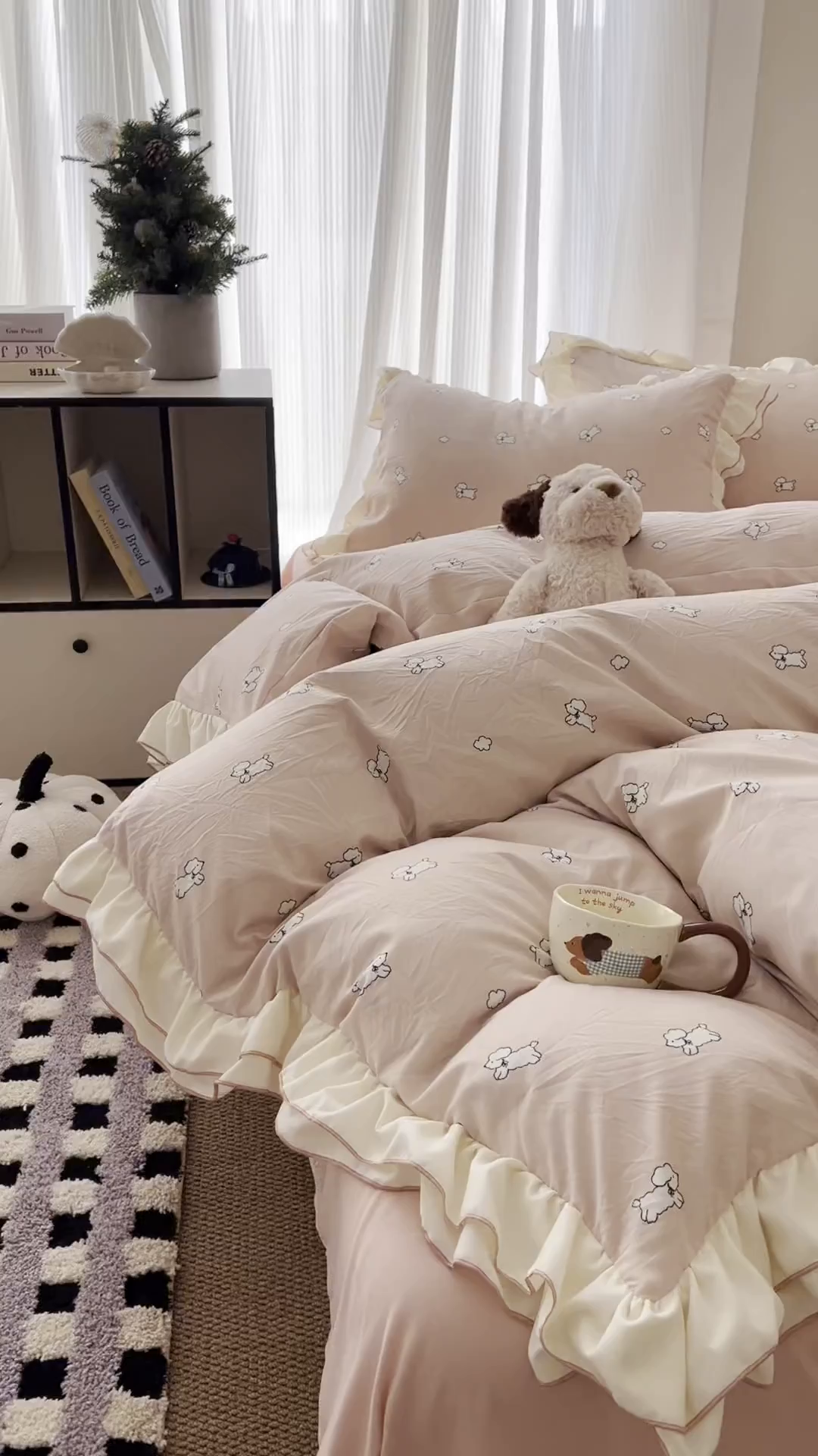 91家纺网 家纺一手货源 找家纺 吾欢心 2026春夏新款古法水洗仿棉韩版双层花边四件套 奶萌小狗