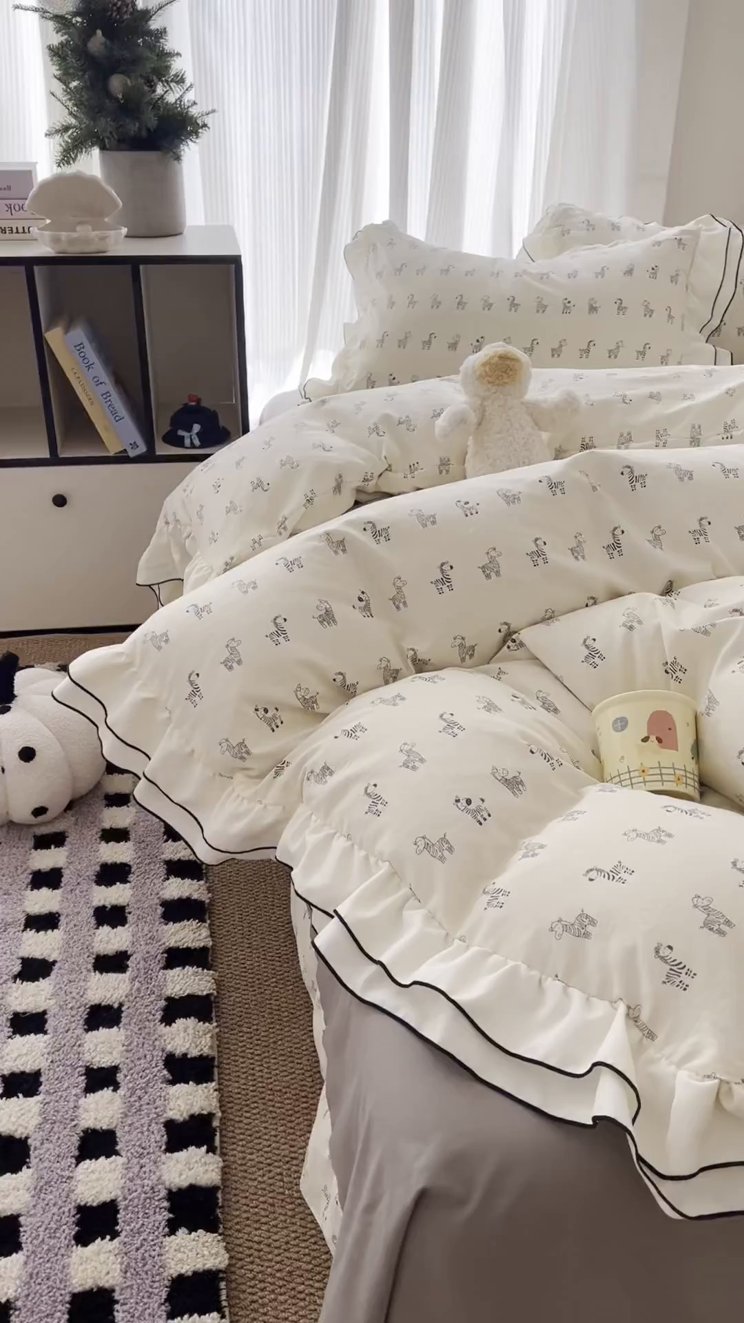 91家纺网 家纺一手货源 找家纺 吾欢心 2026春夏新款古法水洗仿棉韩版双层花边四件套 斑马