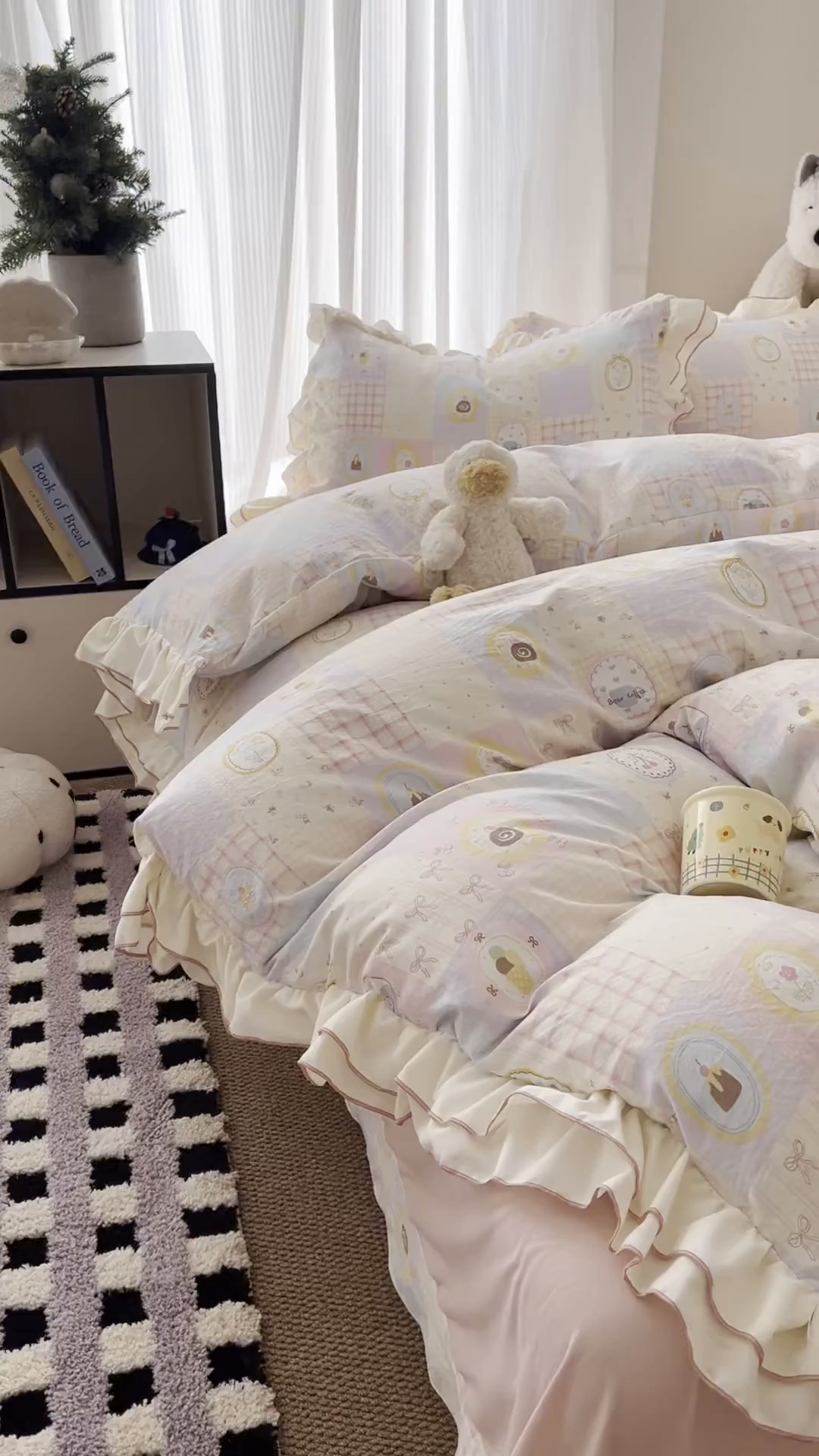 91家纺网 家纺一手货源 找家纺 吾欢心 2026春夏新款古法水洗仿棉韩版双层花边四件套 田园趣味