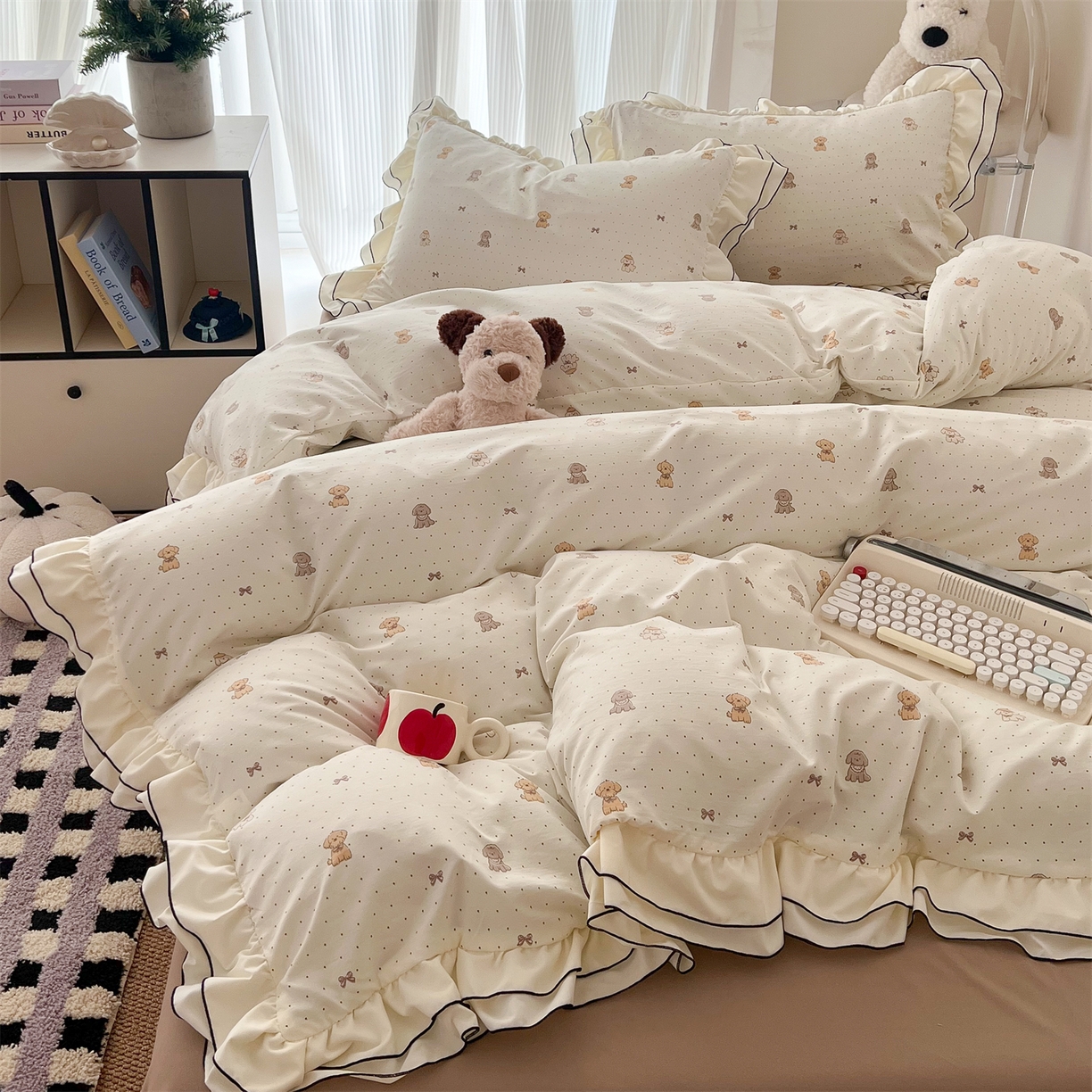 91家纺网 家纺一手货源 找家纺 吾欢心 2026春夏新款古法水洗仿棉韩版双层花边四件套 卡通小狗