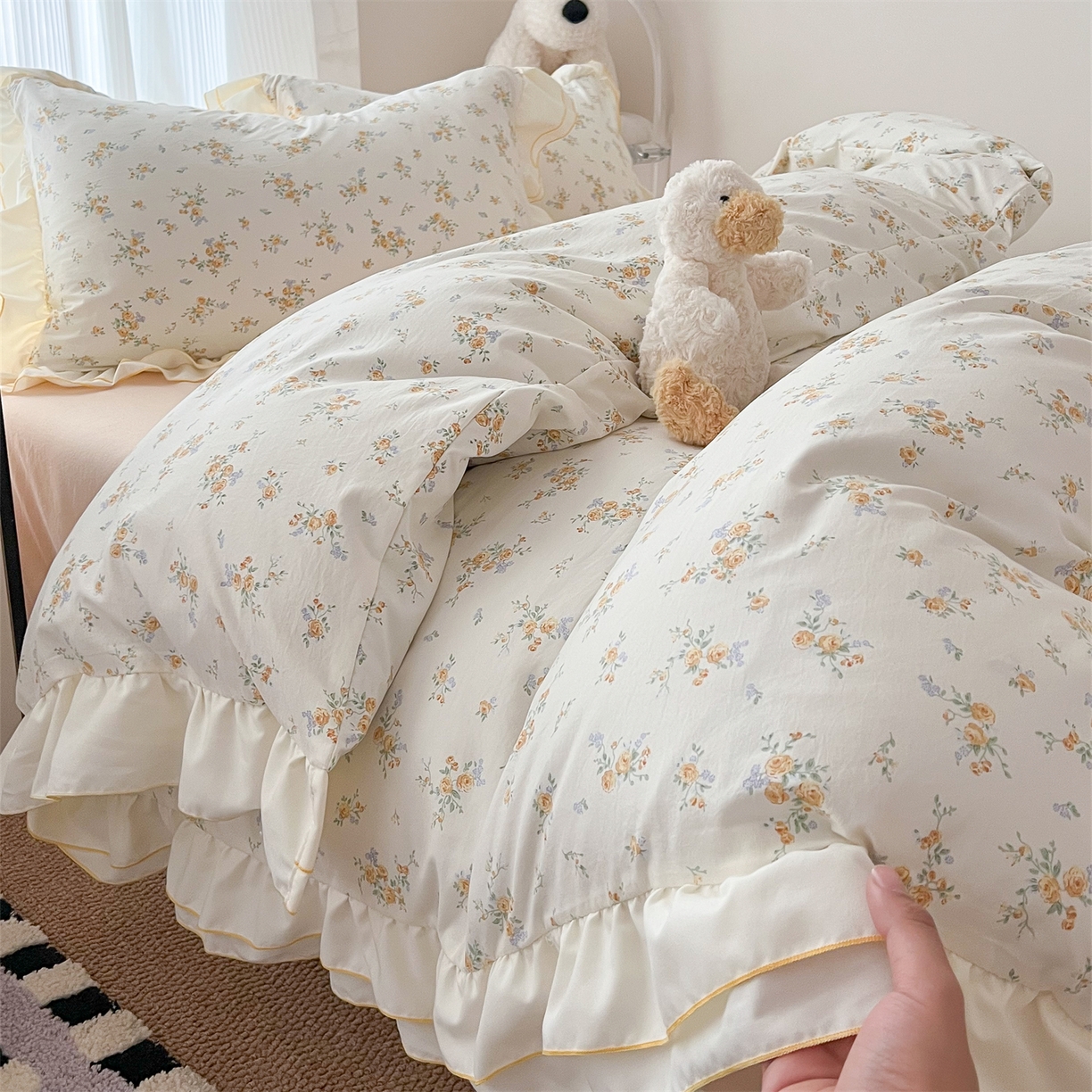 吾欢心 2026春夏新款古法水洗仿棉韩版双层花边四件套 秘境花园