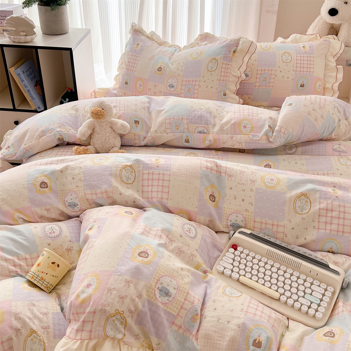 91家纺网 家纺一手货源 找家纺 吾欢心 2026春夏新款古法水洗仿棉韩版双层花边四件套 田园趣味