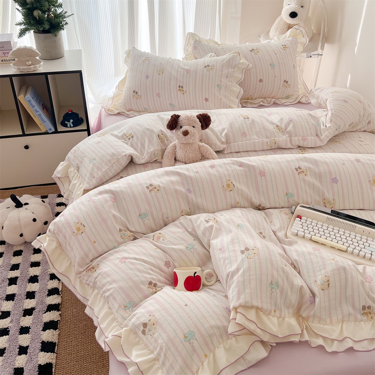 91家纺网 家纺一手货源 找家纺 吾欢心 2026春夏新款古法水洗仿棉韩版双层花边四件套 萌宠宝贝