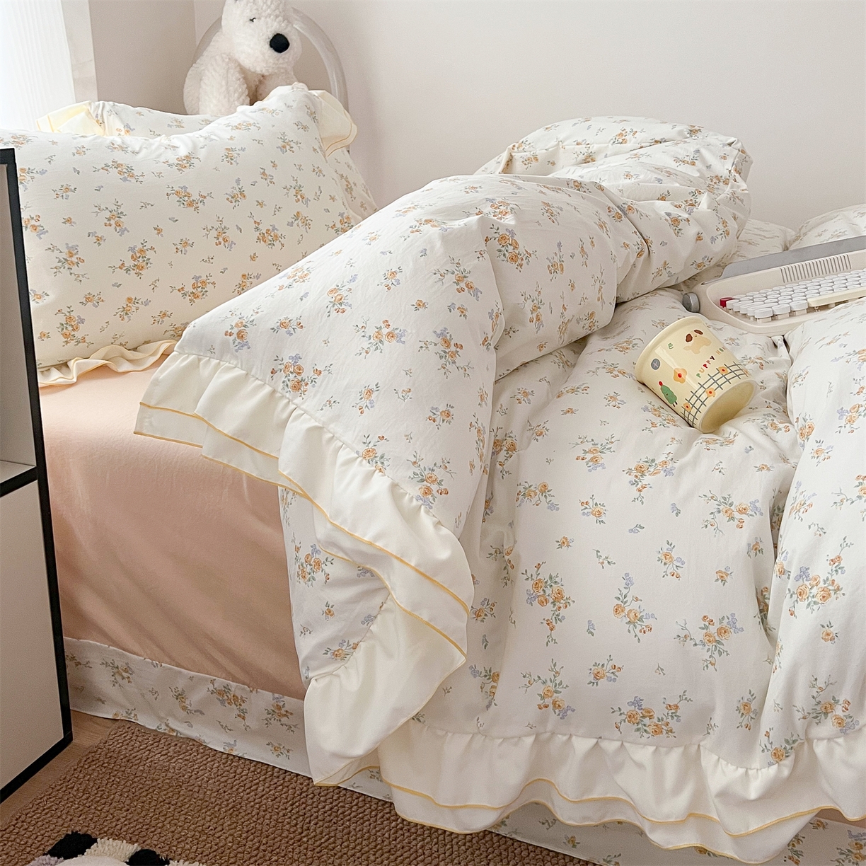 91家纺网 家纺一手货源 找家纺 吾欢心 2026春夏新款古法水洗仿棉韩版双层花边四件套 秘境花园