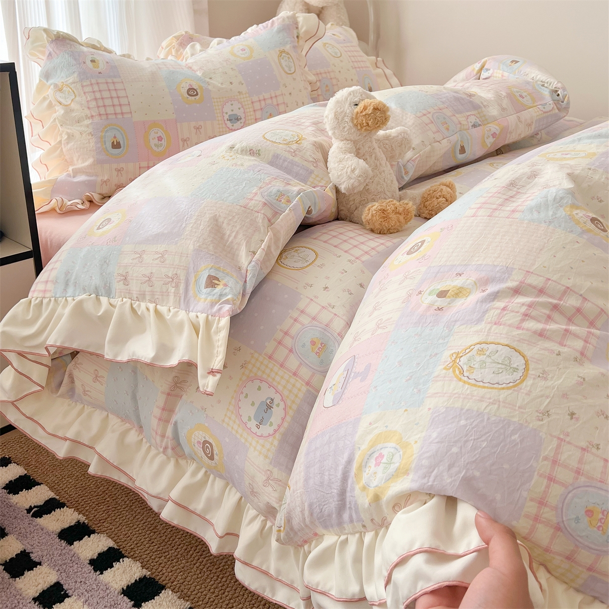 91家纺网 家纺一手货源 找家纺 （总）吾欢心 2026春夏新款古法水洗仿棉韩版双层花边四件套