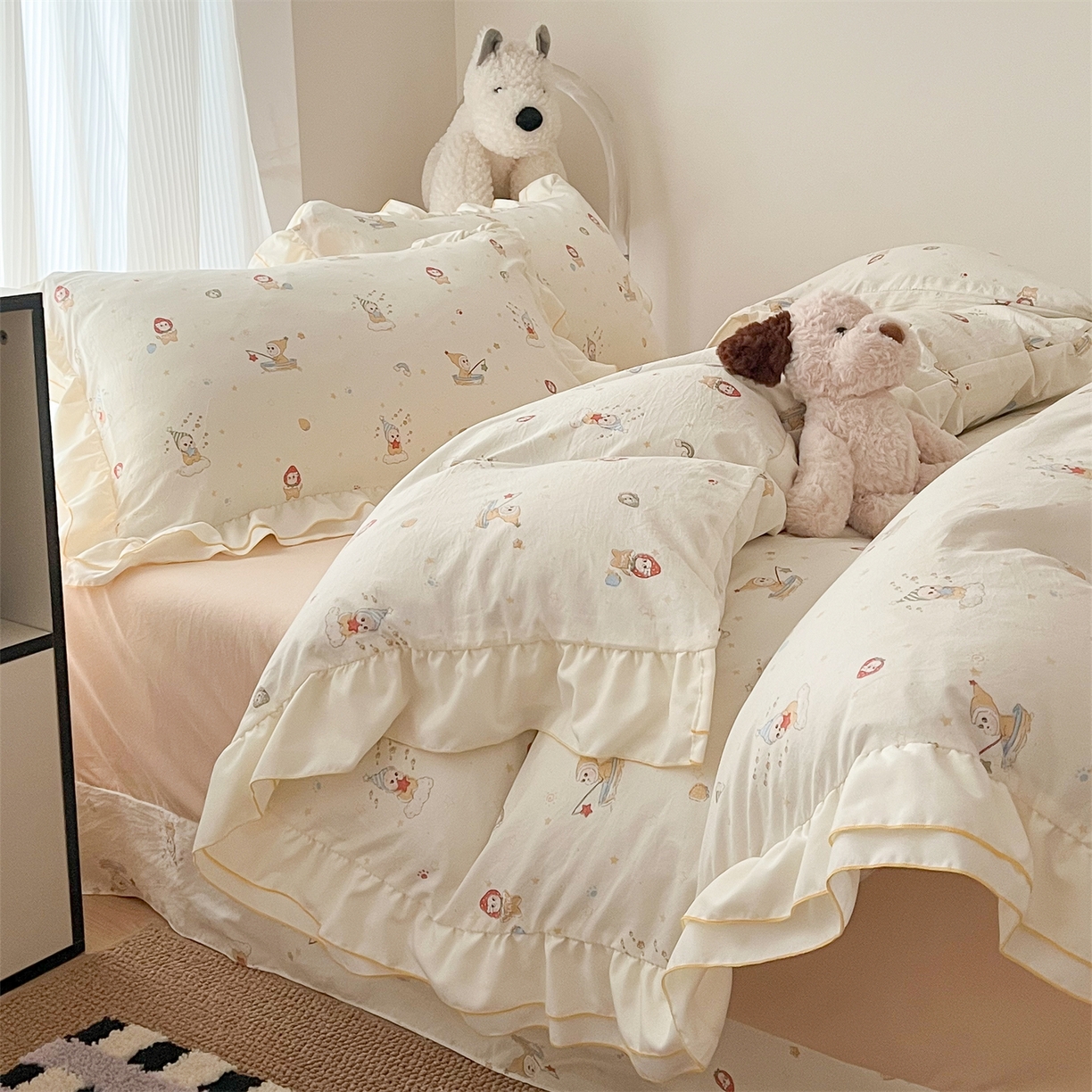 91家纺网 家纺一手货源 找家纺 吾欢心 2026春夏新款古法水洗仿棉韩版双层花边四件套 可爱星星人