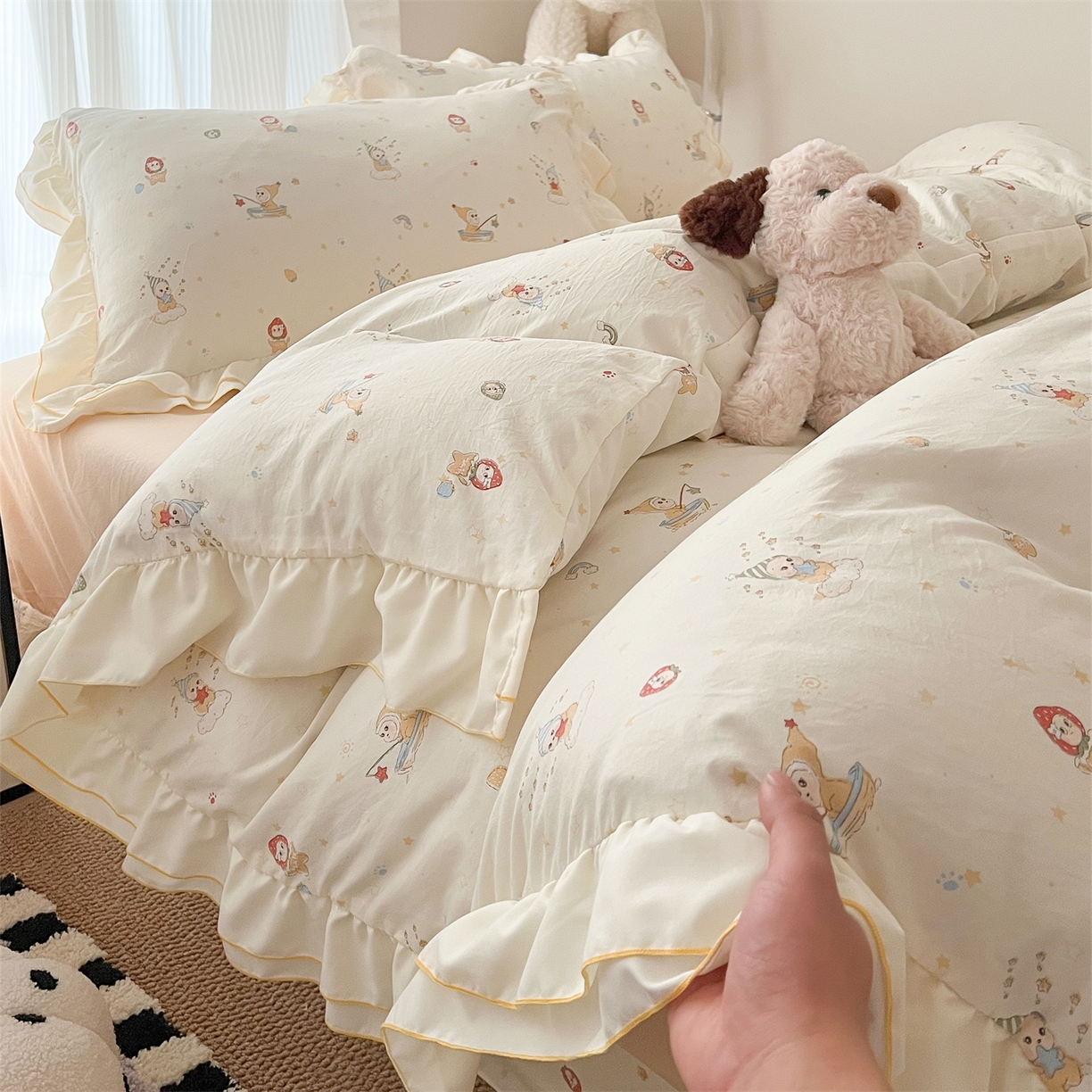 吾欢心 2026春夏新款古法水洗仿棉韩版双层花边四件套 可爱星星人