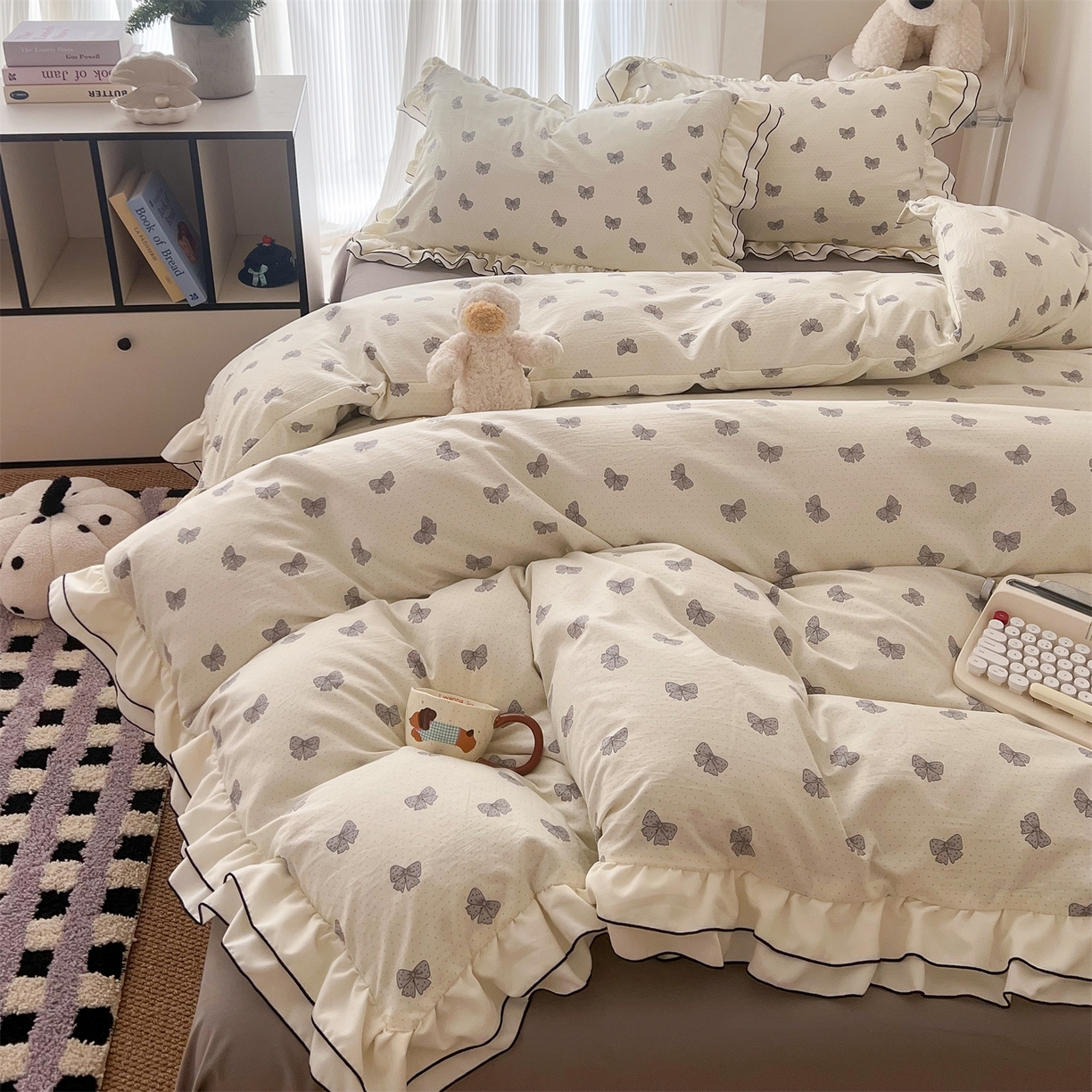 91家纺网 家纺一手货源 找家纺 吾欢心 2026春夏新款古法水洗仿棉韩版双层花边四件套 汐颜