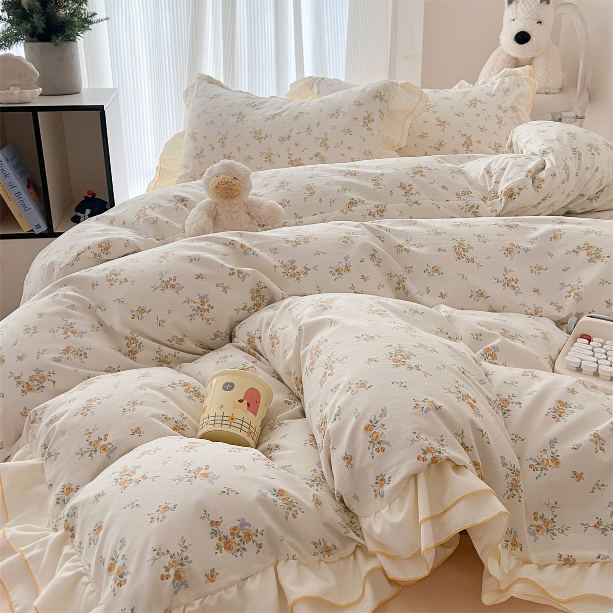 91家纺网 家纺一手货源 找家纺 吾欢心 2026春夏新款古法水洗仿棉韩版双层花边四件套 秘境花园