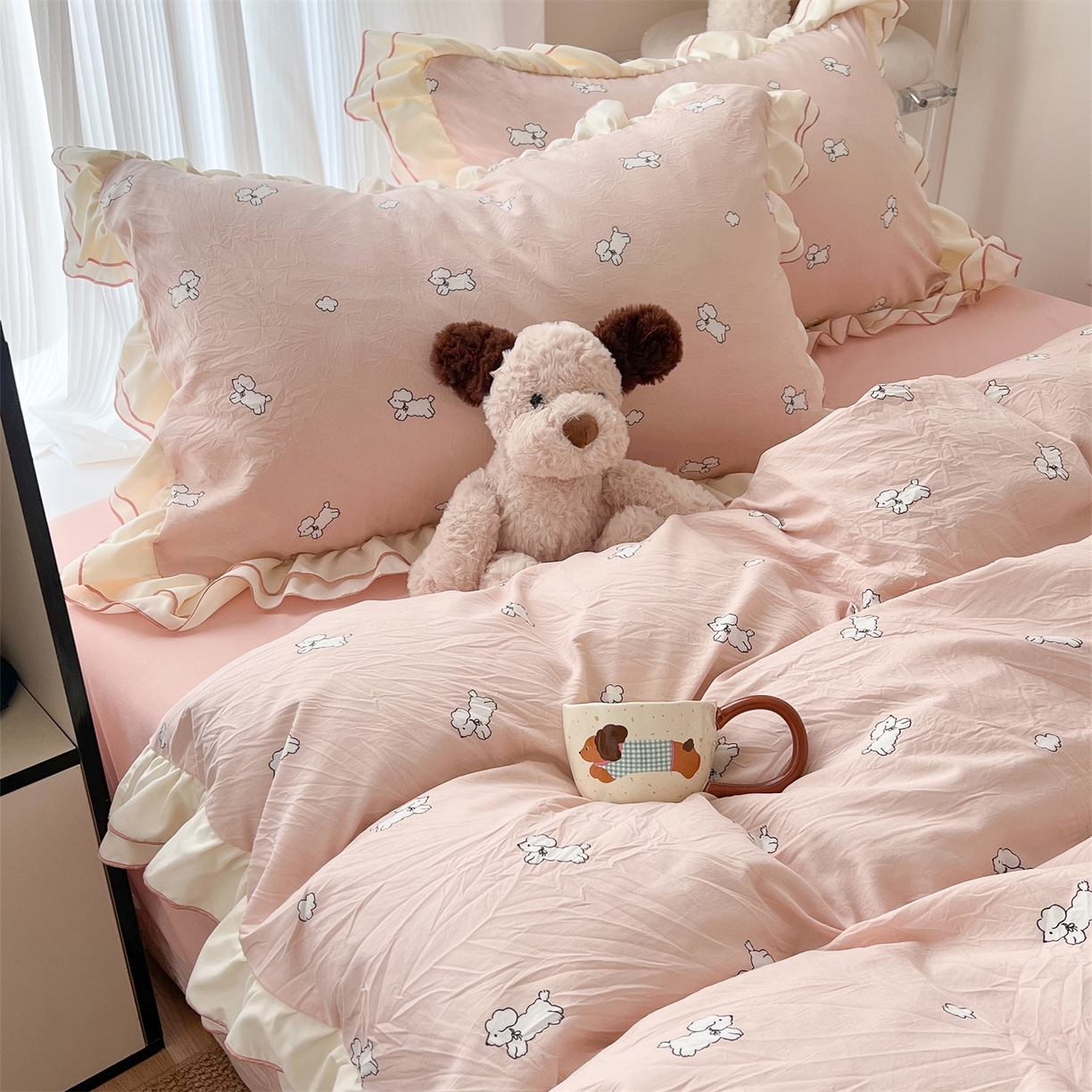 91家纺网 家纺一手货源 找家纺 吾欢心 2026春夏新款古法水洗仿棉韩版双层花边四件套 奶萌小狗