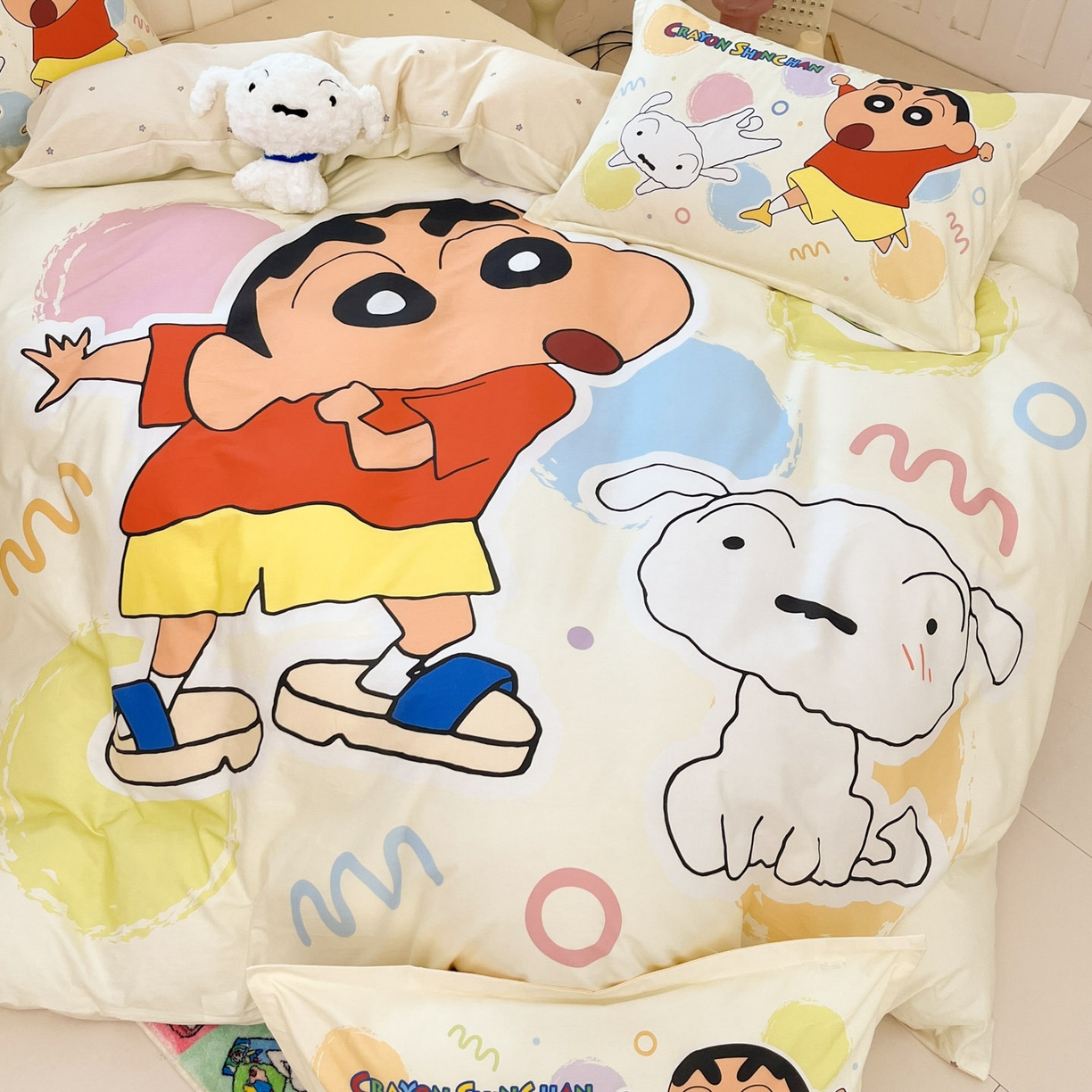 91家纺网 家纺一手货源 找家纺 博雅 2026新款蜡笔小新正版授权全棉纯棉大版四件套 大版-彩色圈圈蜡笔小新