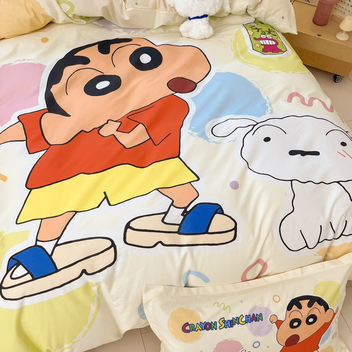 91家纺网 家纺一手货源 找家纺 博雅 2026新款蜡笔小新正版授权全棉纯棉大版四件套 大版-彩色圈圈蜡笔小新