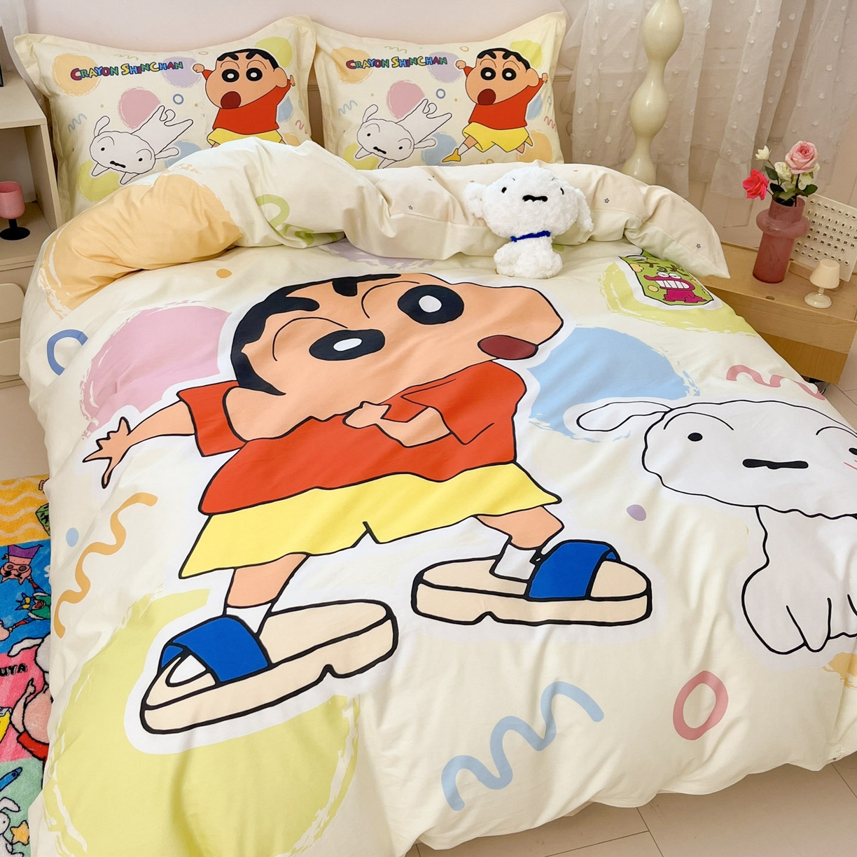 91家纺网 家纺一手货源 找家纺 博雅 2026新款蜡笔小新正版授权全棉纯棉大版四件套 大版-彩色圈圈蜡笔小新