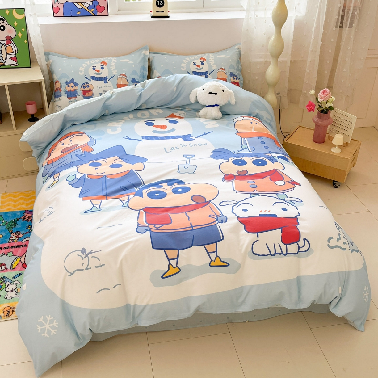 91家纺网 家纺一手货源 找家纺 博雅 2026新款蜡笔小新正版授权全棉纯棉大版四件套 大版-冬日雪人小新