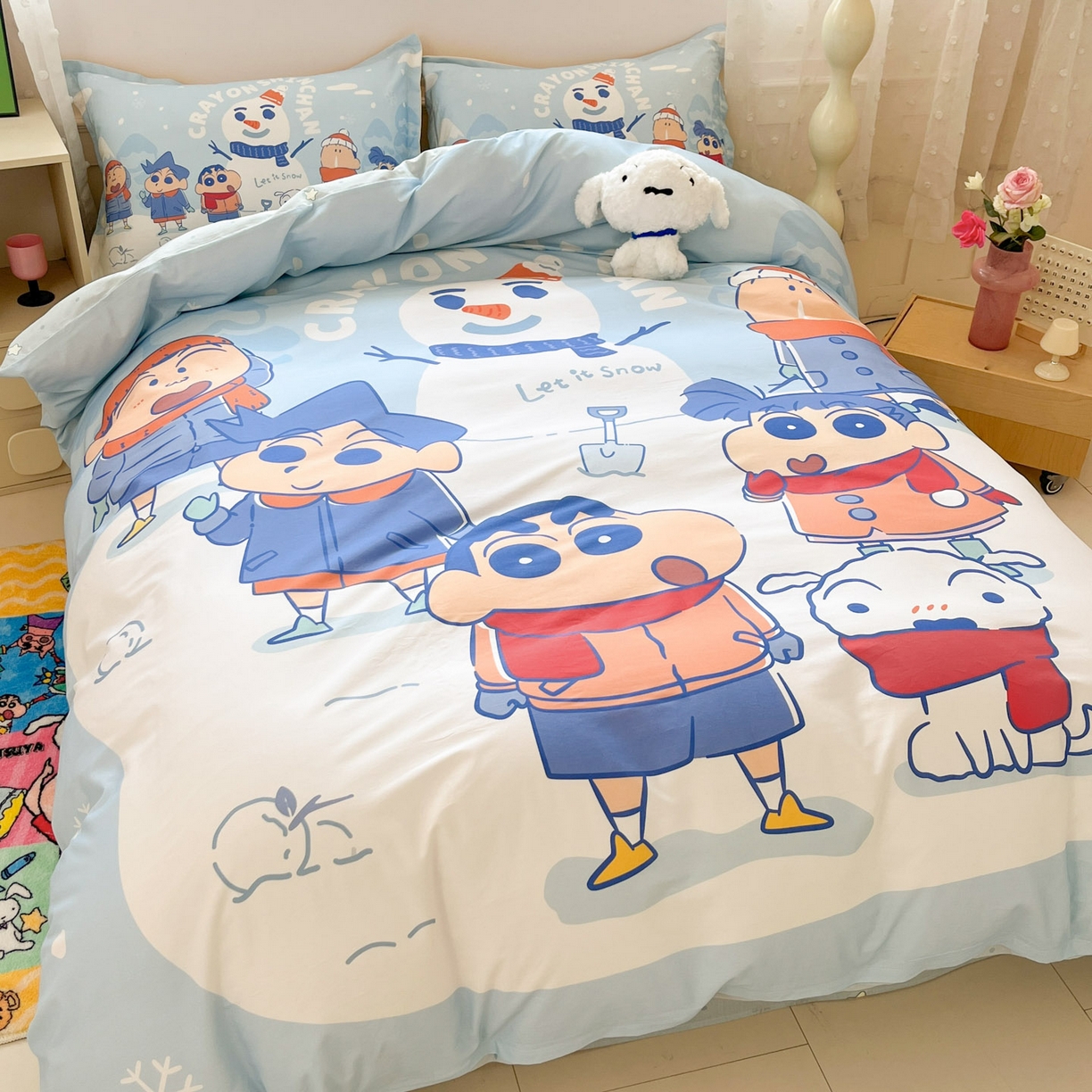 91家纺网 家纺一手货源 找家纺 博雅 2026新款蜡笔小新正版授权全棉纯棉大版四件套 大版-冬日雪人小新