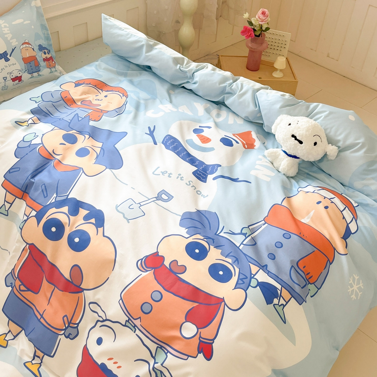 91家纺网 家纺一手货源 找家纺 博雅 2026新款蜡笔小新正版授权全棉纯棉大版四件套 大版-冬日雪人小新