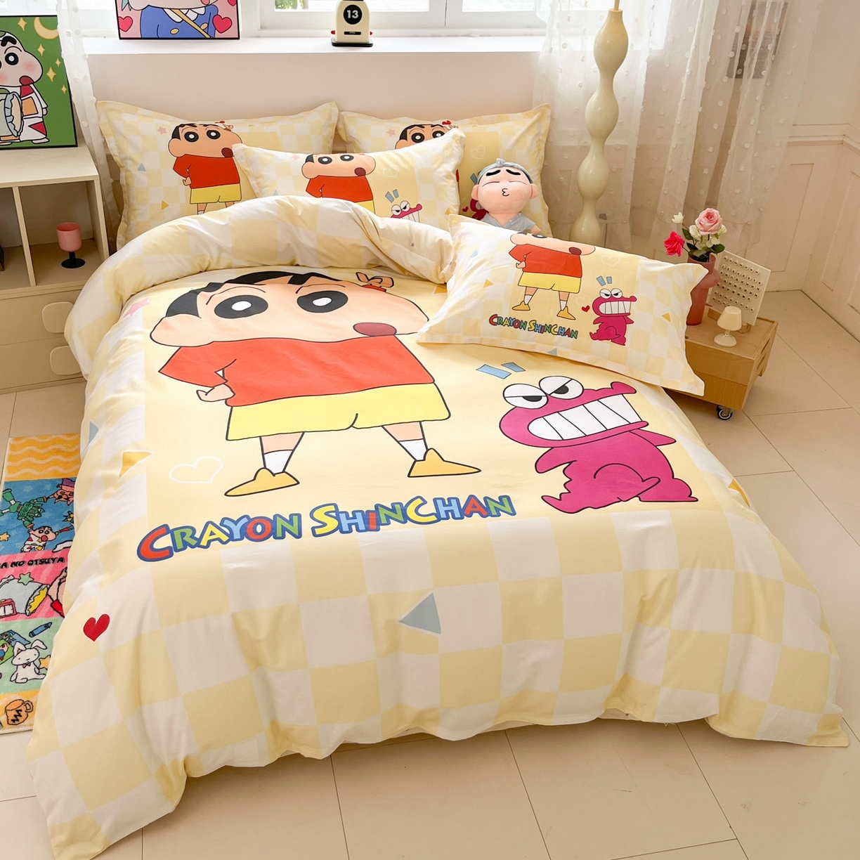 91家纺网 家纺一手货源 找家纺 博雅 2026新款蜡笔小新正版授权全棉纯棉大版四件套 大版-奶白格子小新