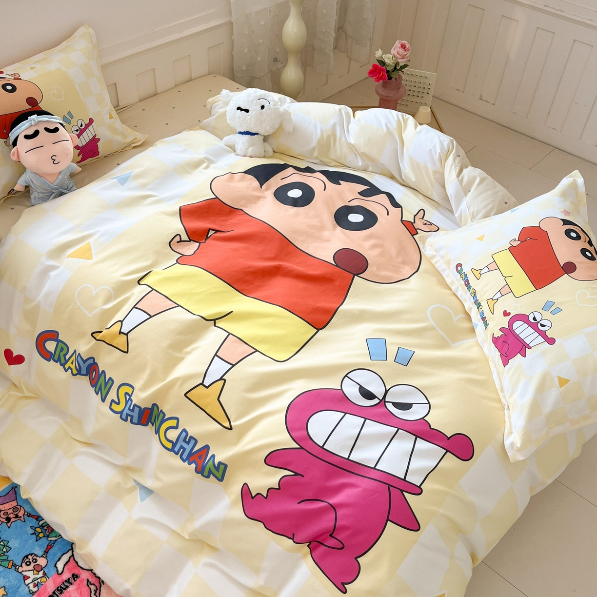 91家纺网 家纺一手货源 找家纺 博雅 2026新款蜡笔小新正版授权全棉纯棉大版四件套 大版-奶白格子小新