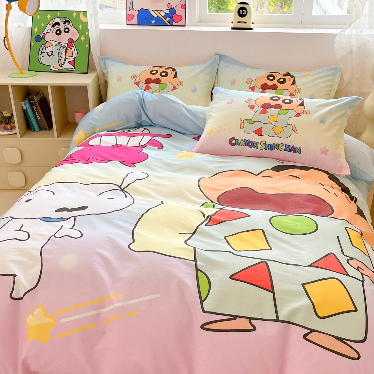 91家纺网 家纺一手货源 找家纺 博雅 2026新款蜡笔小新正版授权全棉纯棉大版四件套 大版-贪睡小新