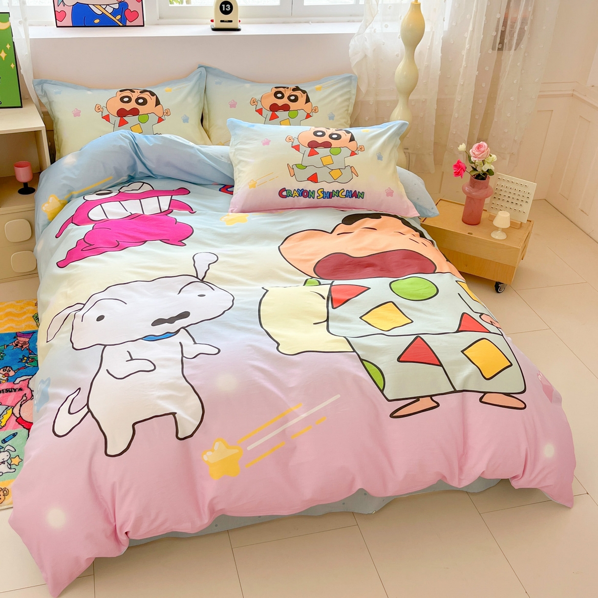 91家纺网 家纺一手货源 找家纺 博雅 2026新款蜡笔小新正版授权全棉纯棉大版四件套 大版-贪睡小新