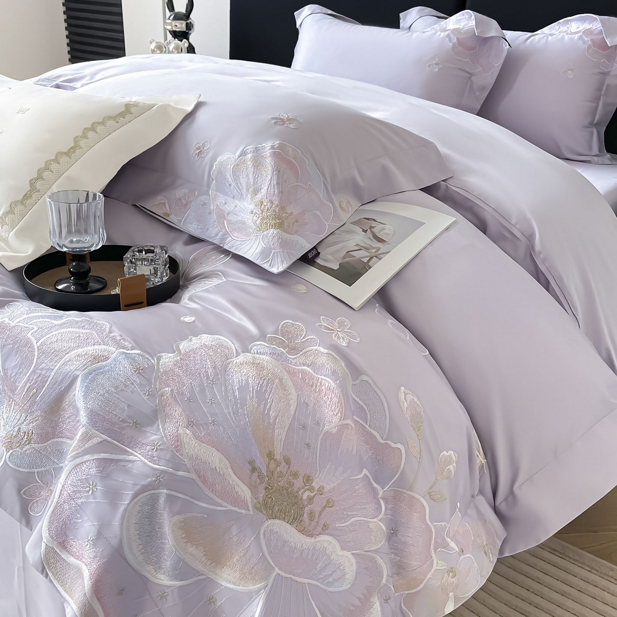 91家纺网 家纺一手货源 找家纺  2026马年特惠新品A类长绒棉纯棉四件套100全棉重工刺绣被套床单床笠轻奢高级感床上用品-花之语 花之语-黛紫